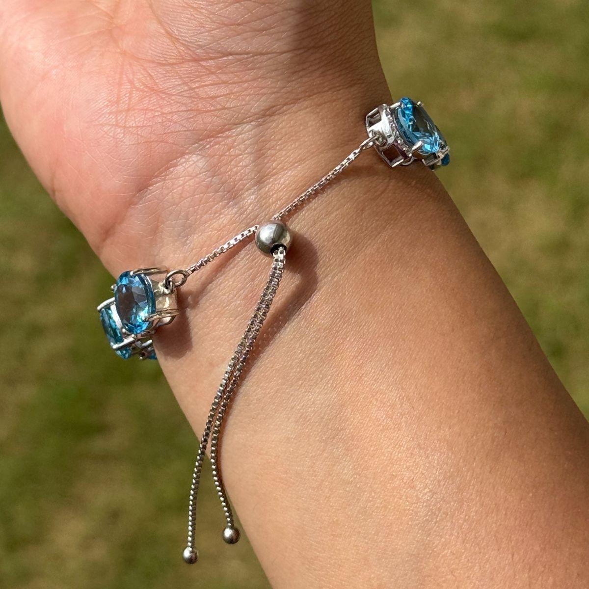Zircon blanc et Topaze bleue Bracelet Bolo ajustable en argent 925 Cadeau pour elle Pour femmes en vente