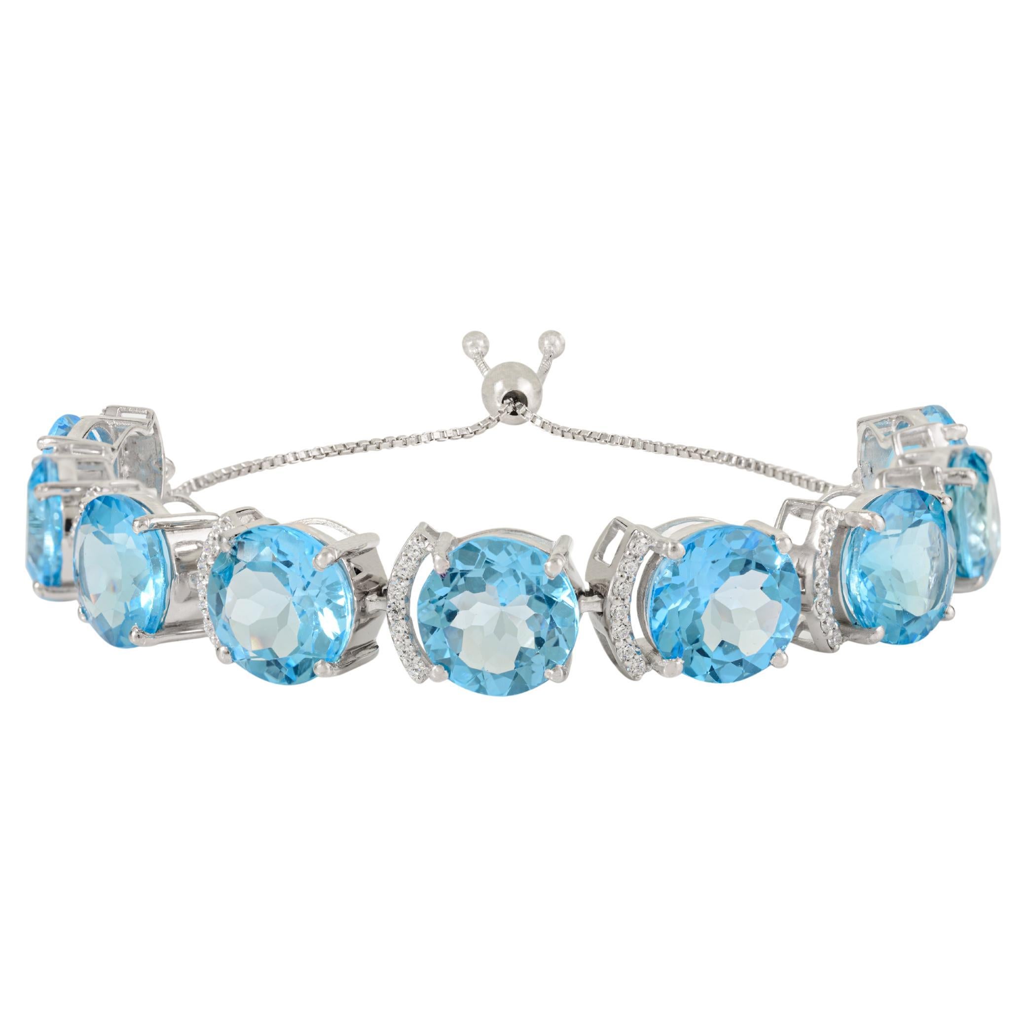 Zircon blanc et Topaze bleue Bracelet Bolo ajustable en argent 925 Cadeau pour elle en vente
