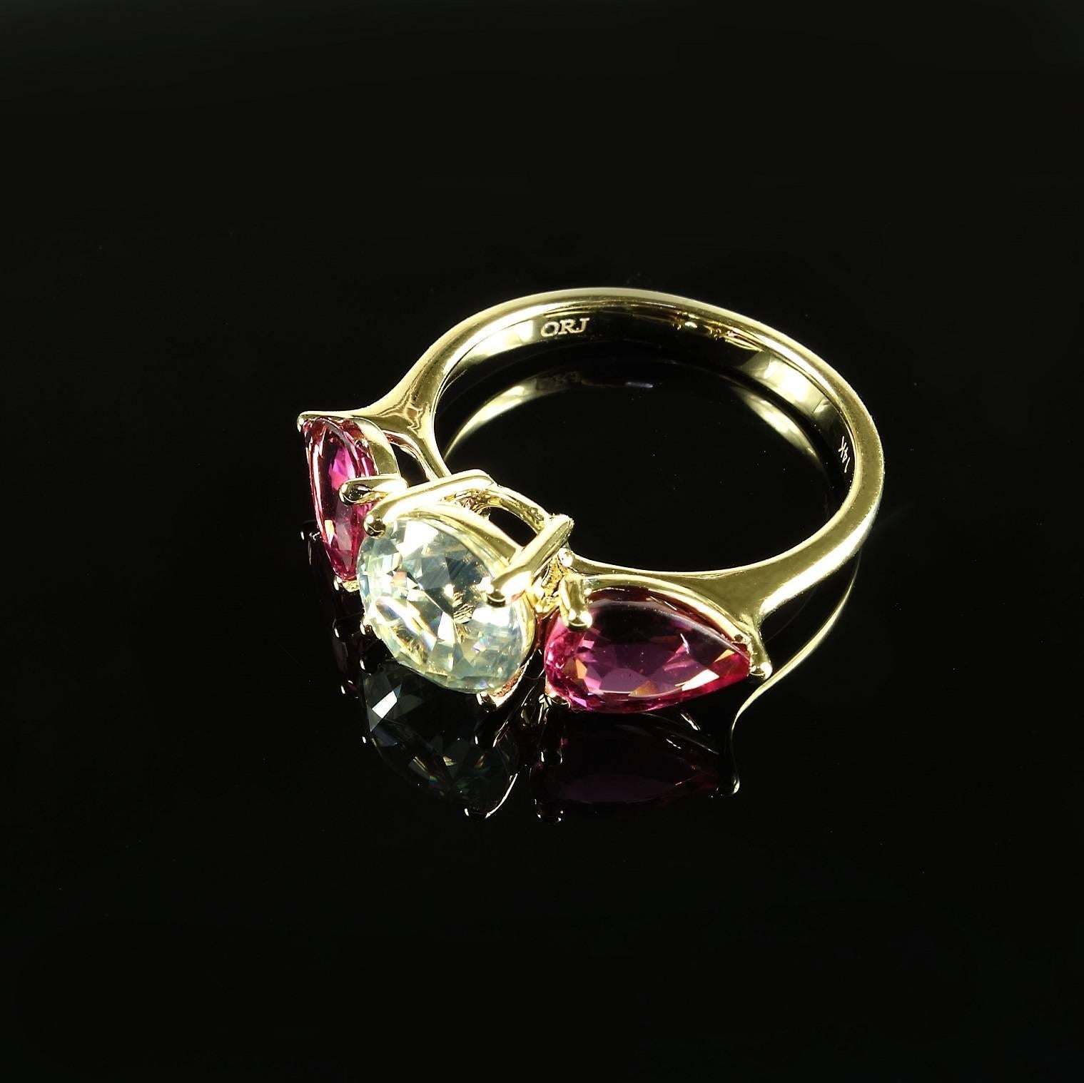 Round Cut AJD Sparkling White Cambodian Zircon and Pink Tourmaline Ring
