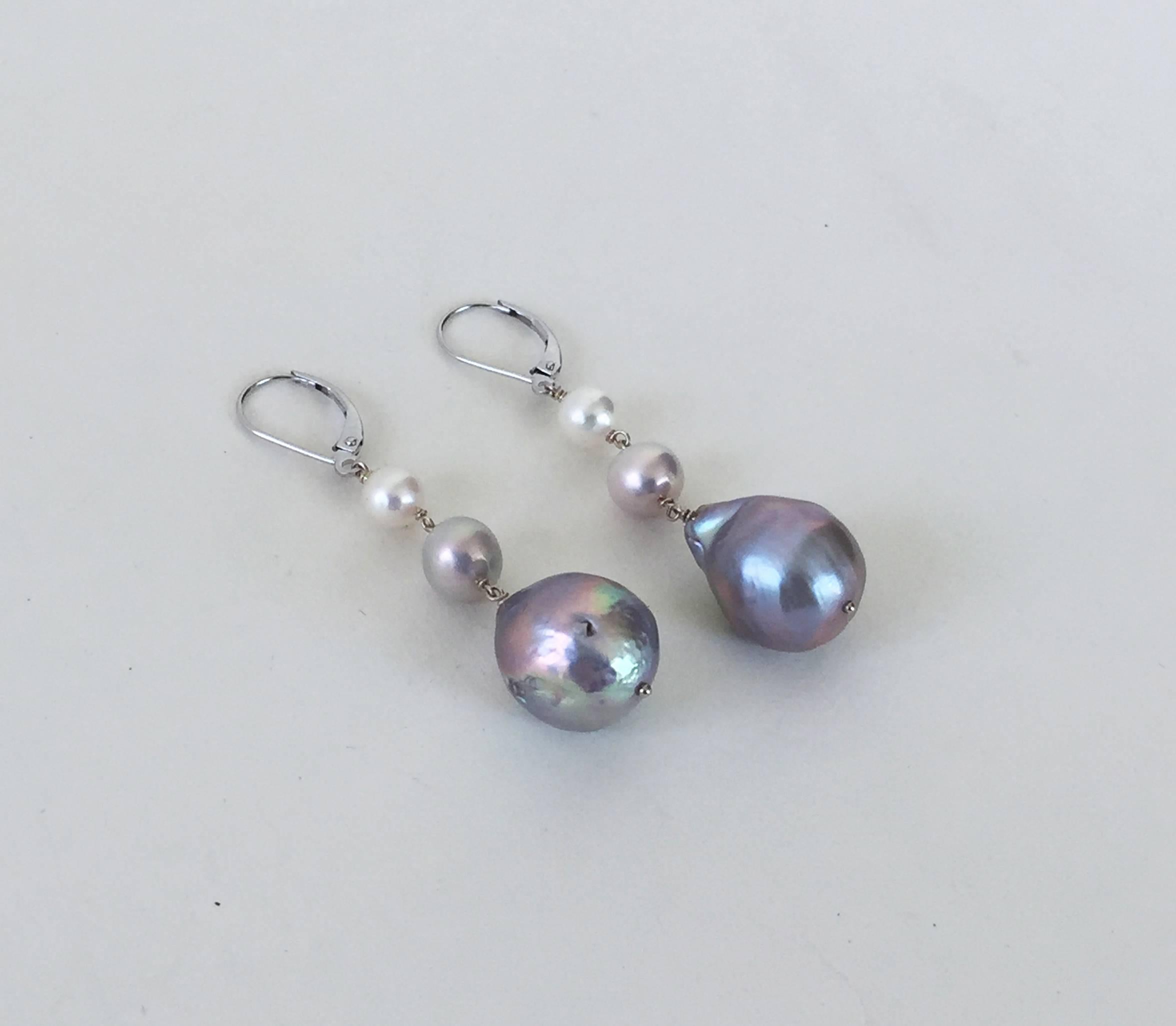 White, Cream, and Gray Pearl Earrings with 14 Karat Gold Lever Back by Marina J 1