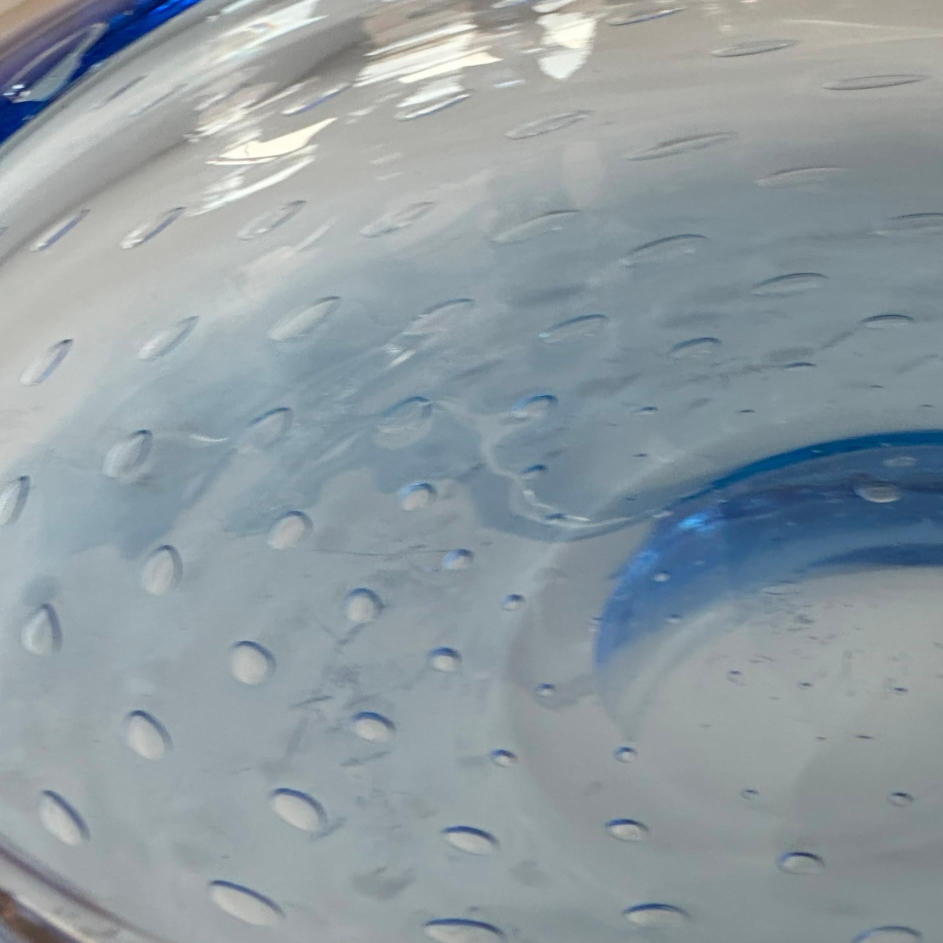 Hand-Crafted Whitefriars Geoffrey Baxter Large Blue Glass Dish, Controlled Bubbles, 1960s For Sale