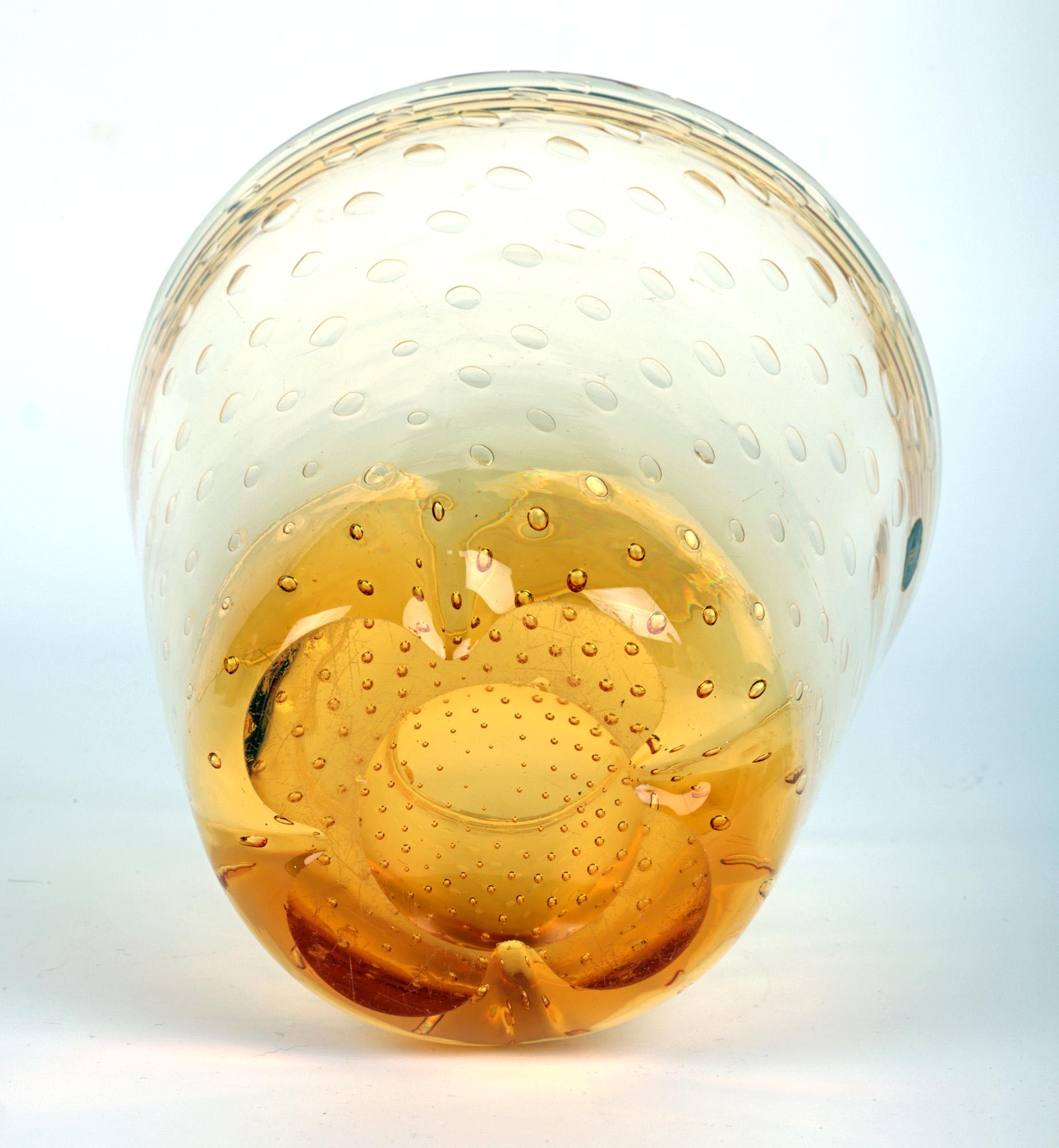 Whitefriars Mid-Century Controlled Bubble Amber Glass Vase For Sale 3