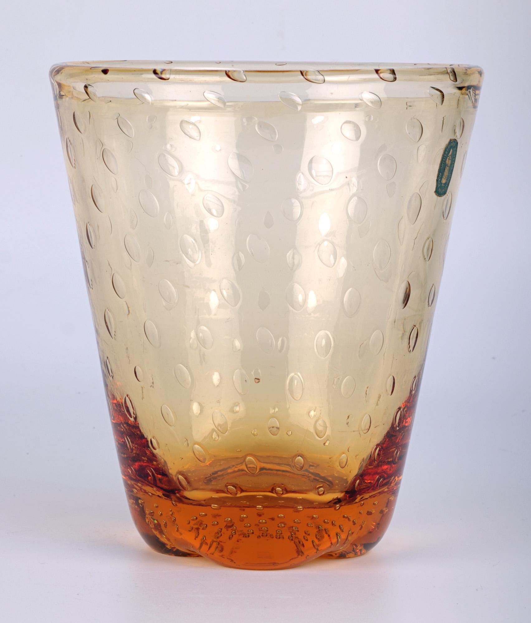Hand-Crafted Whitefriars Mid-Century Controlled Bubble Amber Glass Vase For Sale