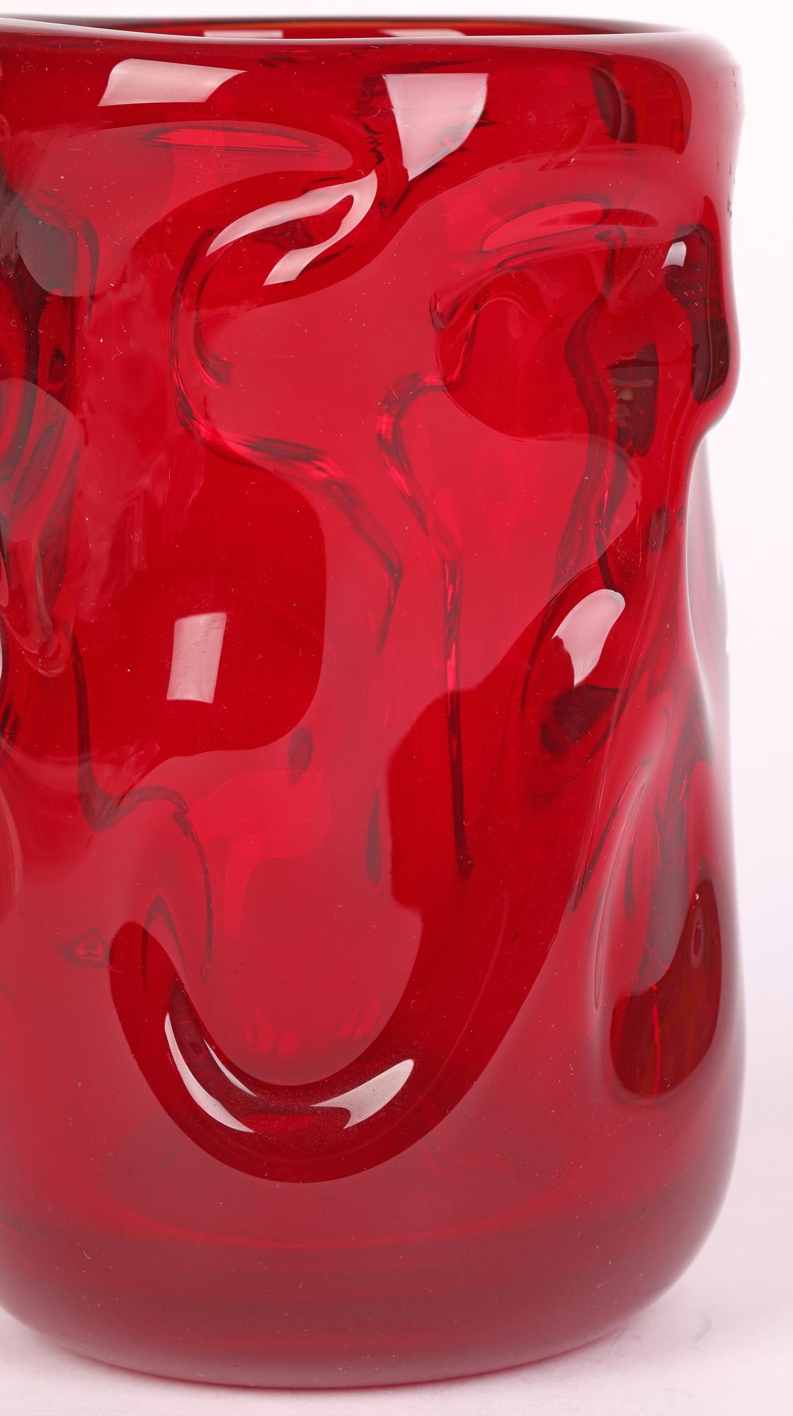 Mid-Century Modern Whitefriars Mid-Century Red Knobbly Art Glass Vase For Sale