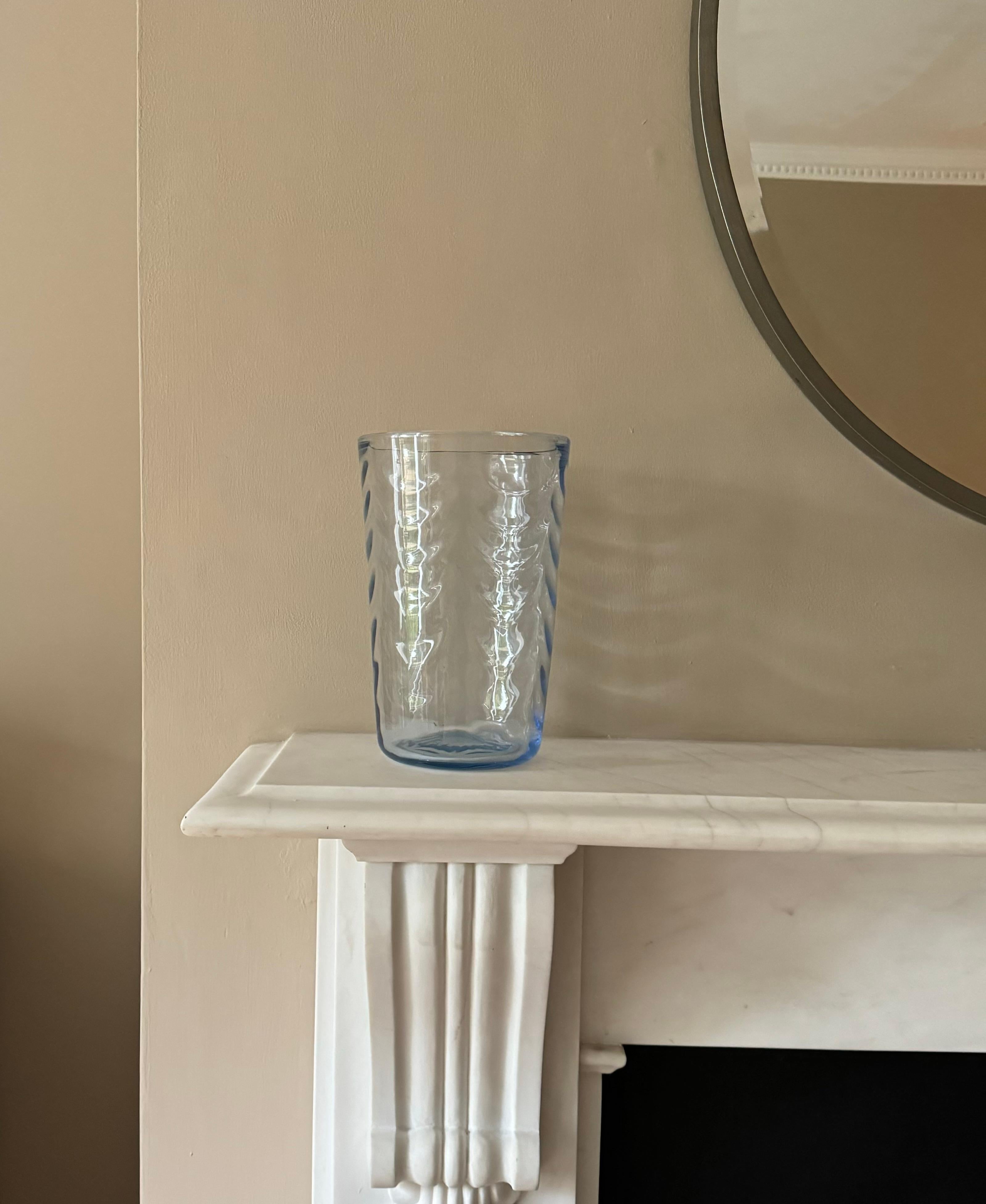 Beautiful light blue sea wave patterned vase designed by Marriot Powell for Whitefriars design nos 8437. Handblown with good pontil mark.