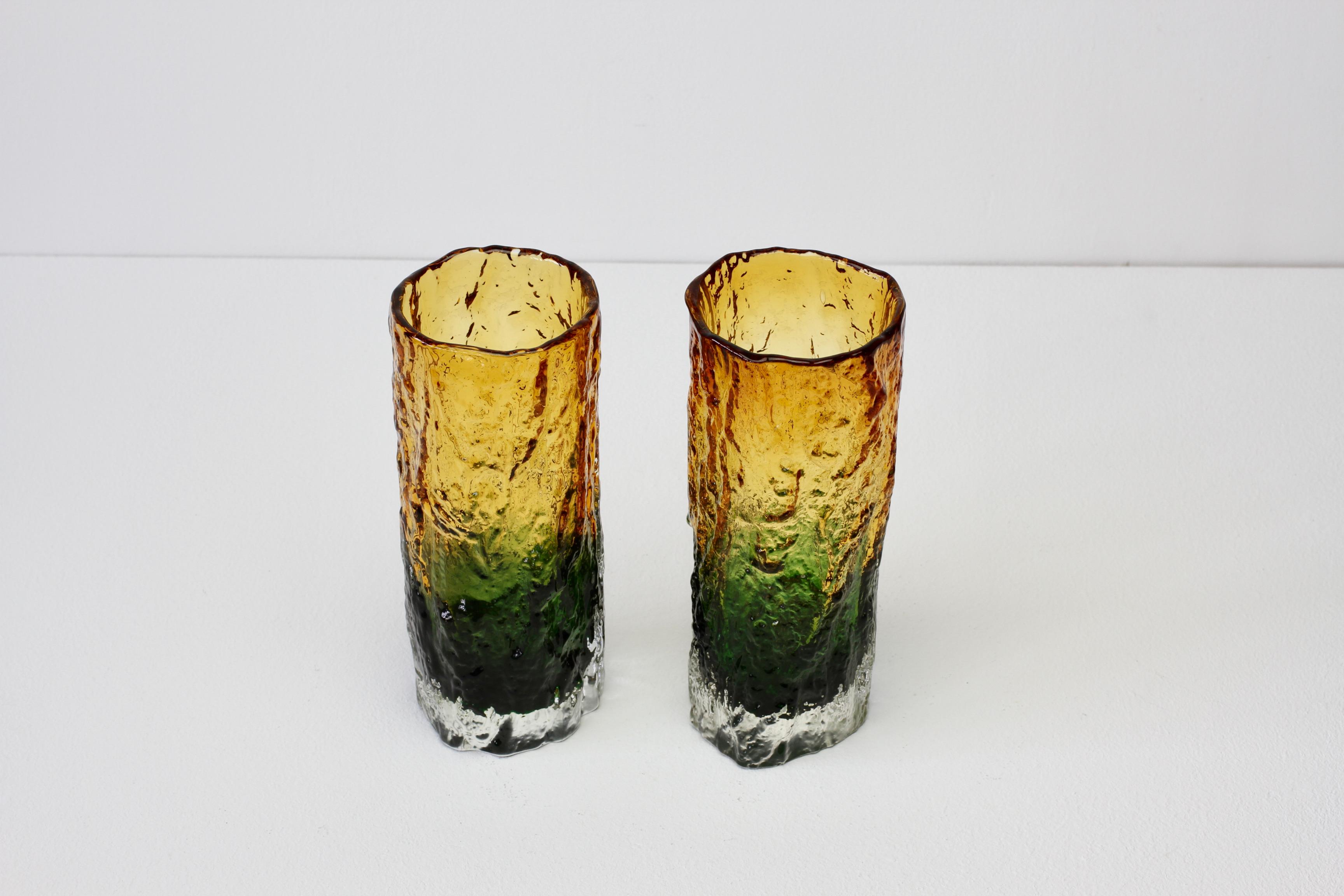 Whitefriars Style Pair of Vintage 1970s Green & Yellow Bark Textured Glass Vases 3