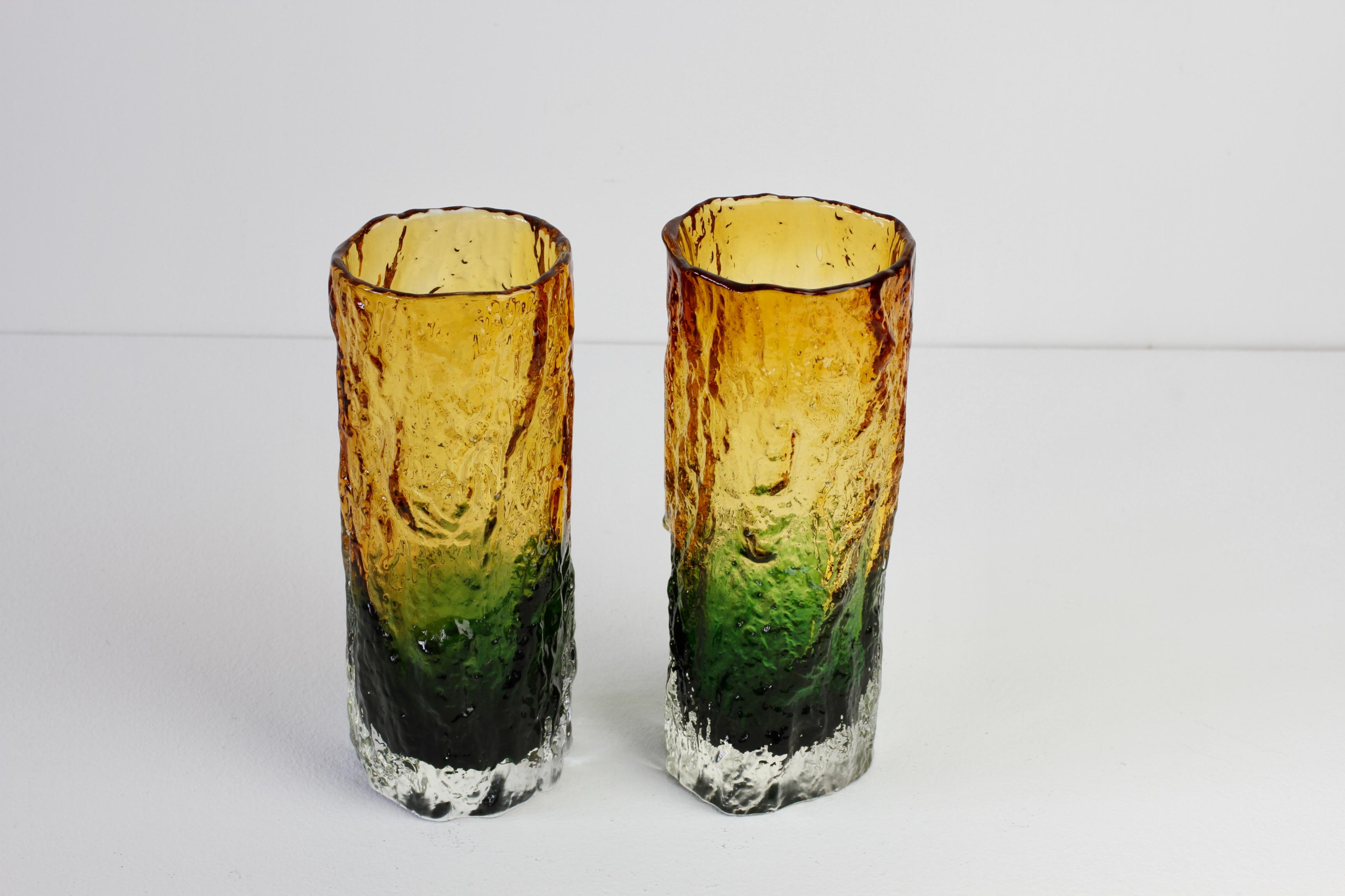 Whitefriars Style Pair of Vintage 1970s Green & Yellow Bark Textured Glass Vases 4