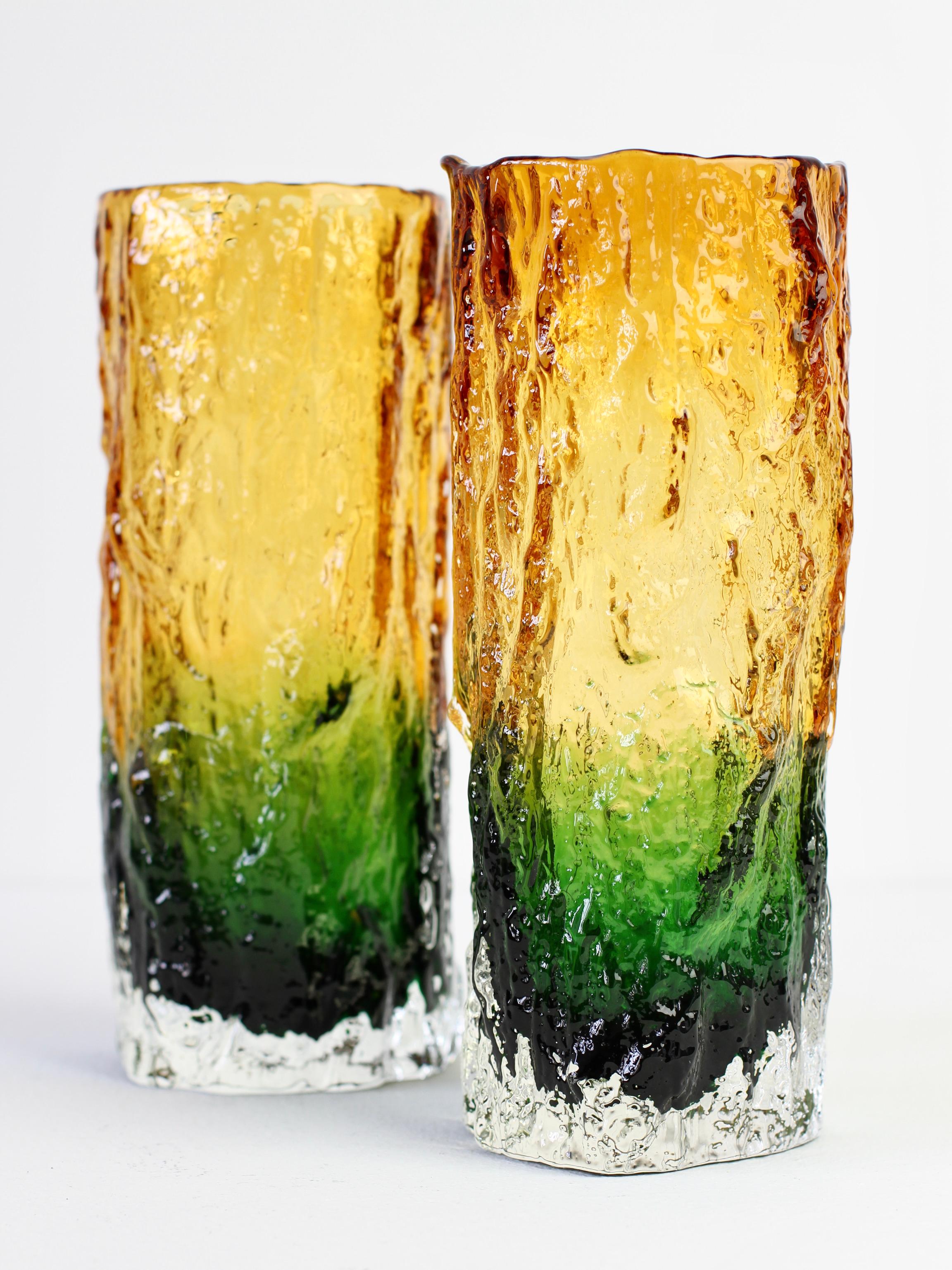Whitefriars Style Pair of Vintage 1970s Green & Yellow Bark Textured Glass Vases 5
