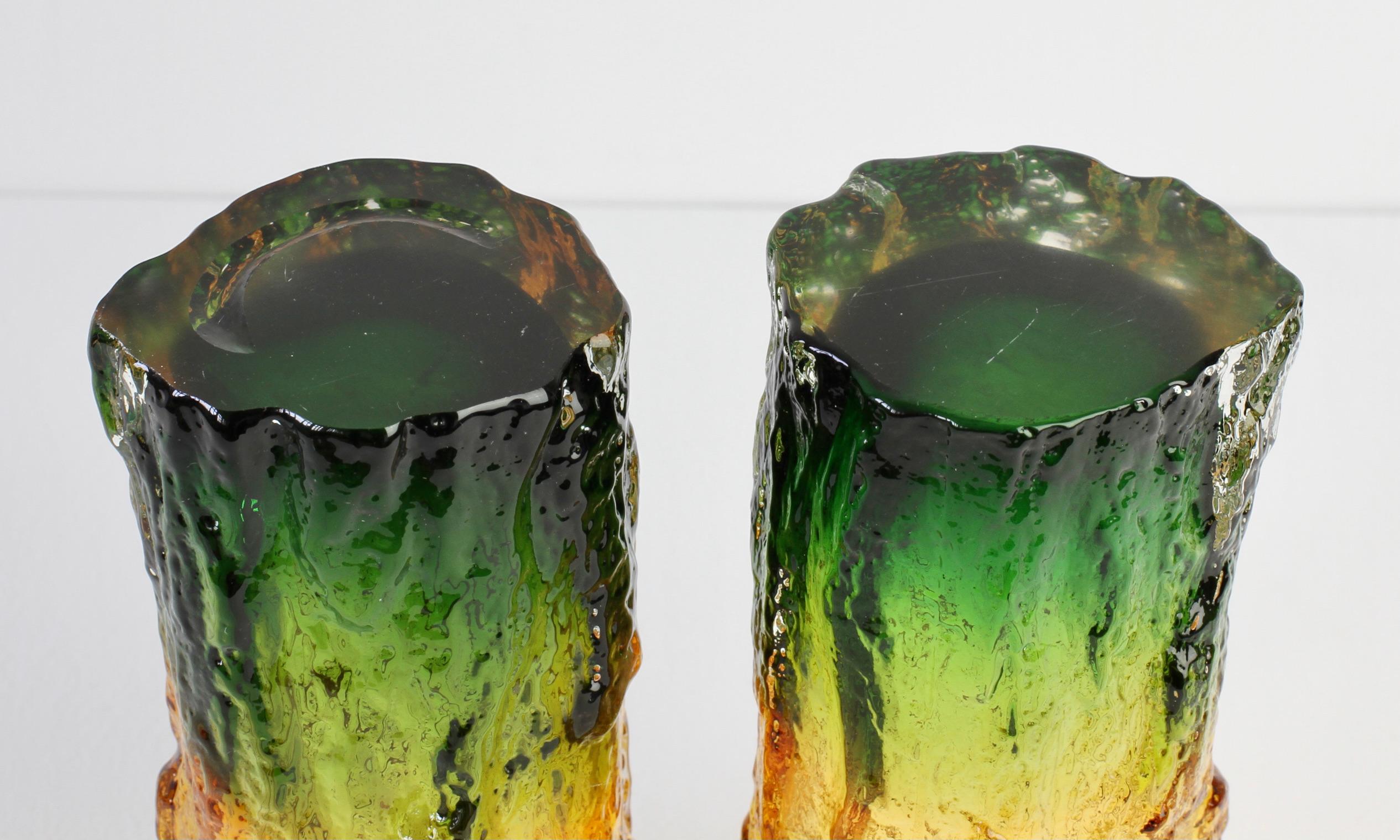 Whitefriars Style Pair of Vintage 1970s Green & Yellow Bark Textured Glass Vases 8