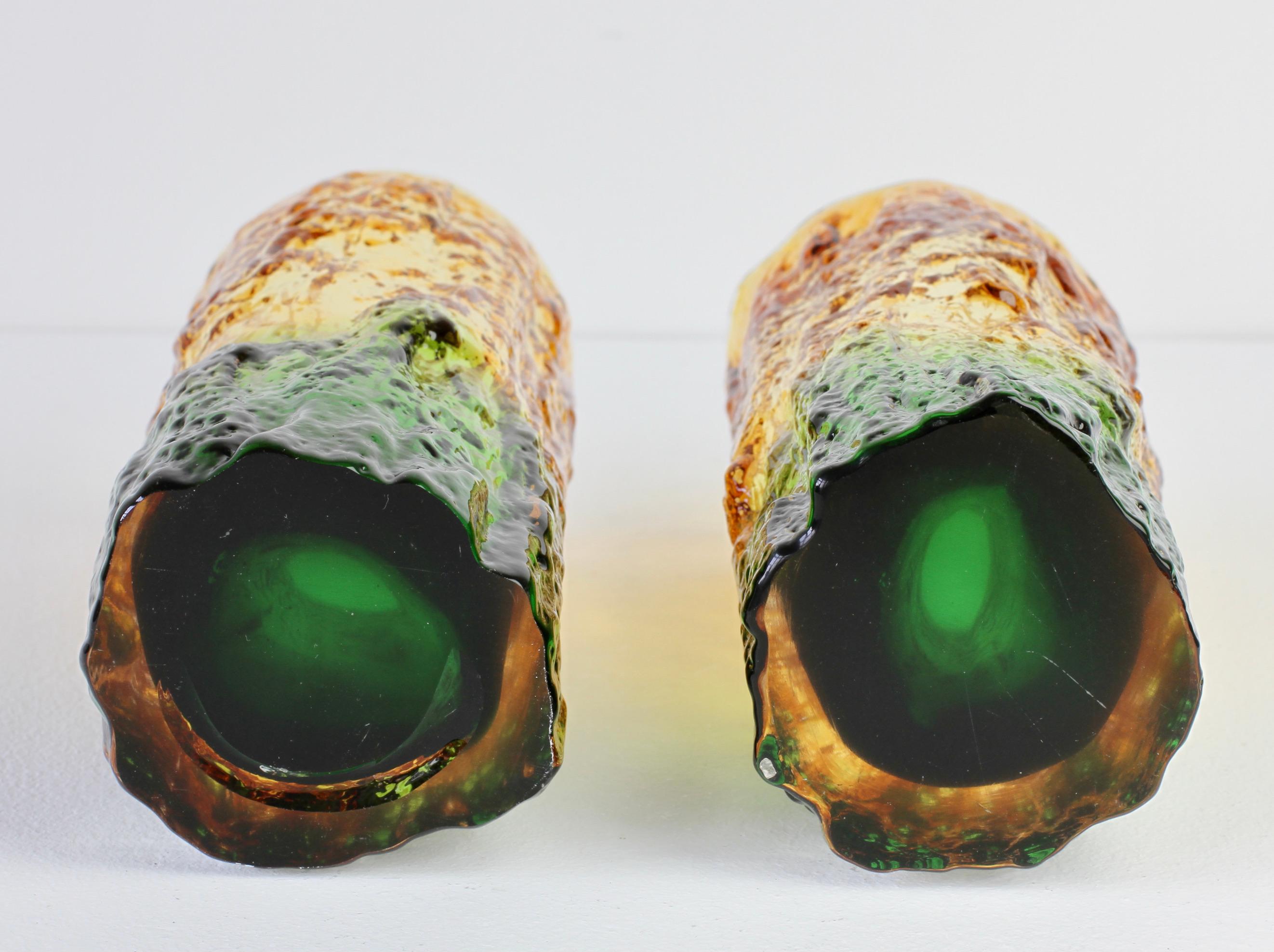 Whitefriars Style Pair of Vintage 1970s Green & Yellow Bark Textured Glass Vases 10