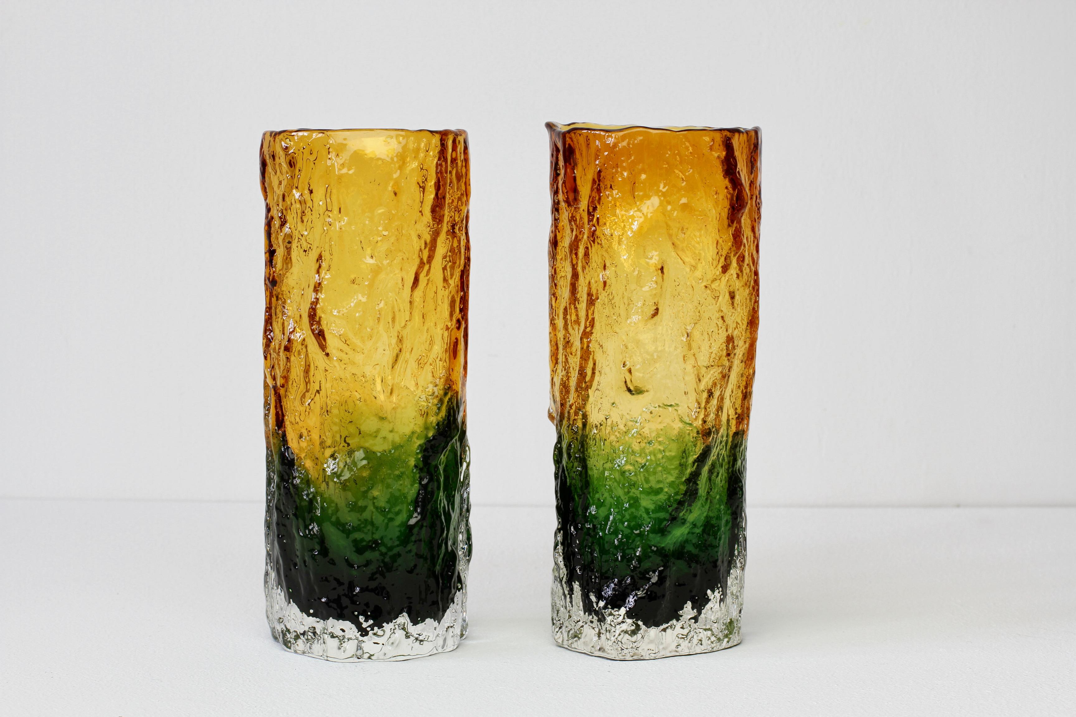 Mid-Century Modern Whitefriars Style Pair of Vintage 1970s Green & Yellow Bark Textured Glass Vases