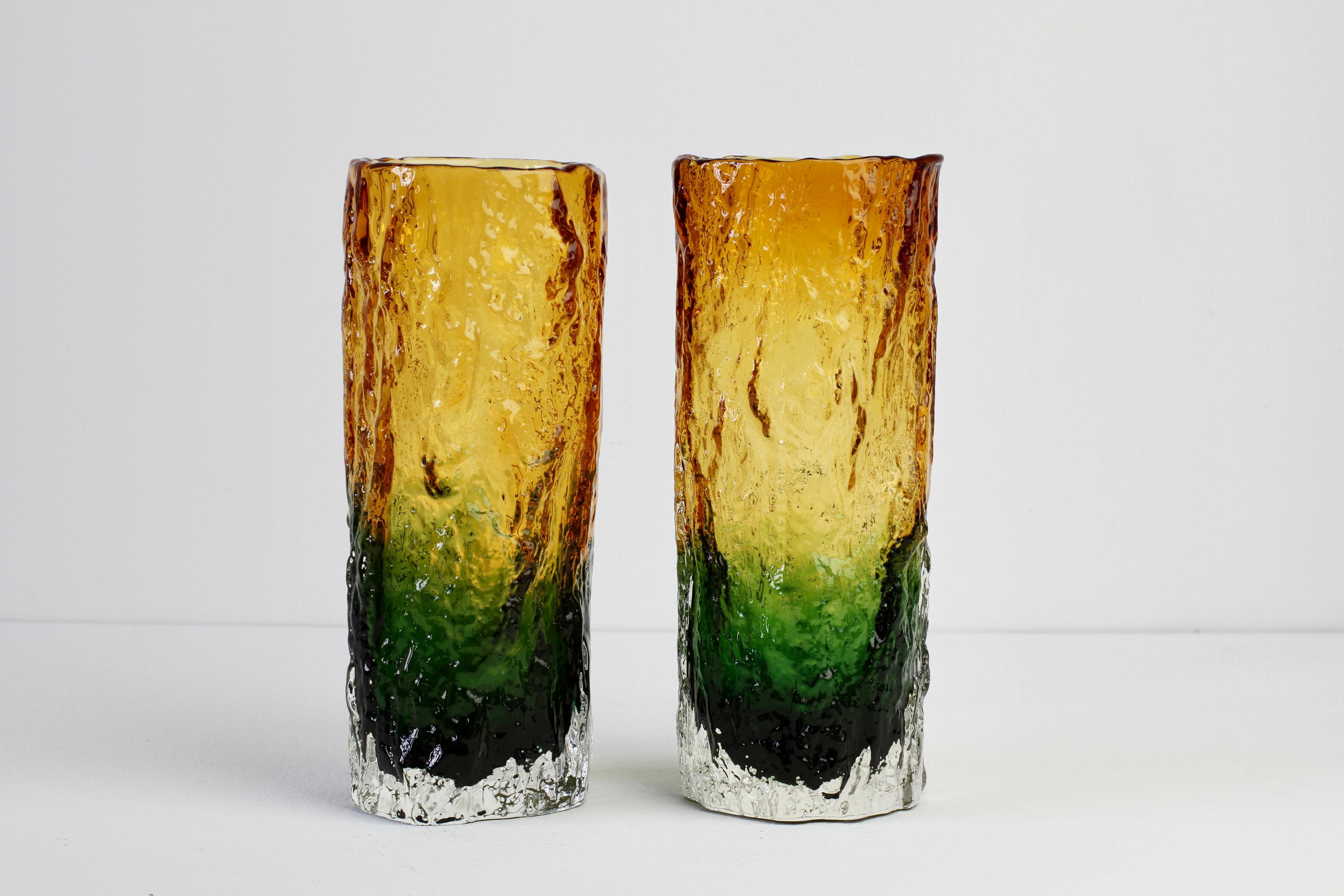 German Whitefriars Style Pair of Vintage 1970s Green & Yellow Bark Textured Glass Vases
