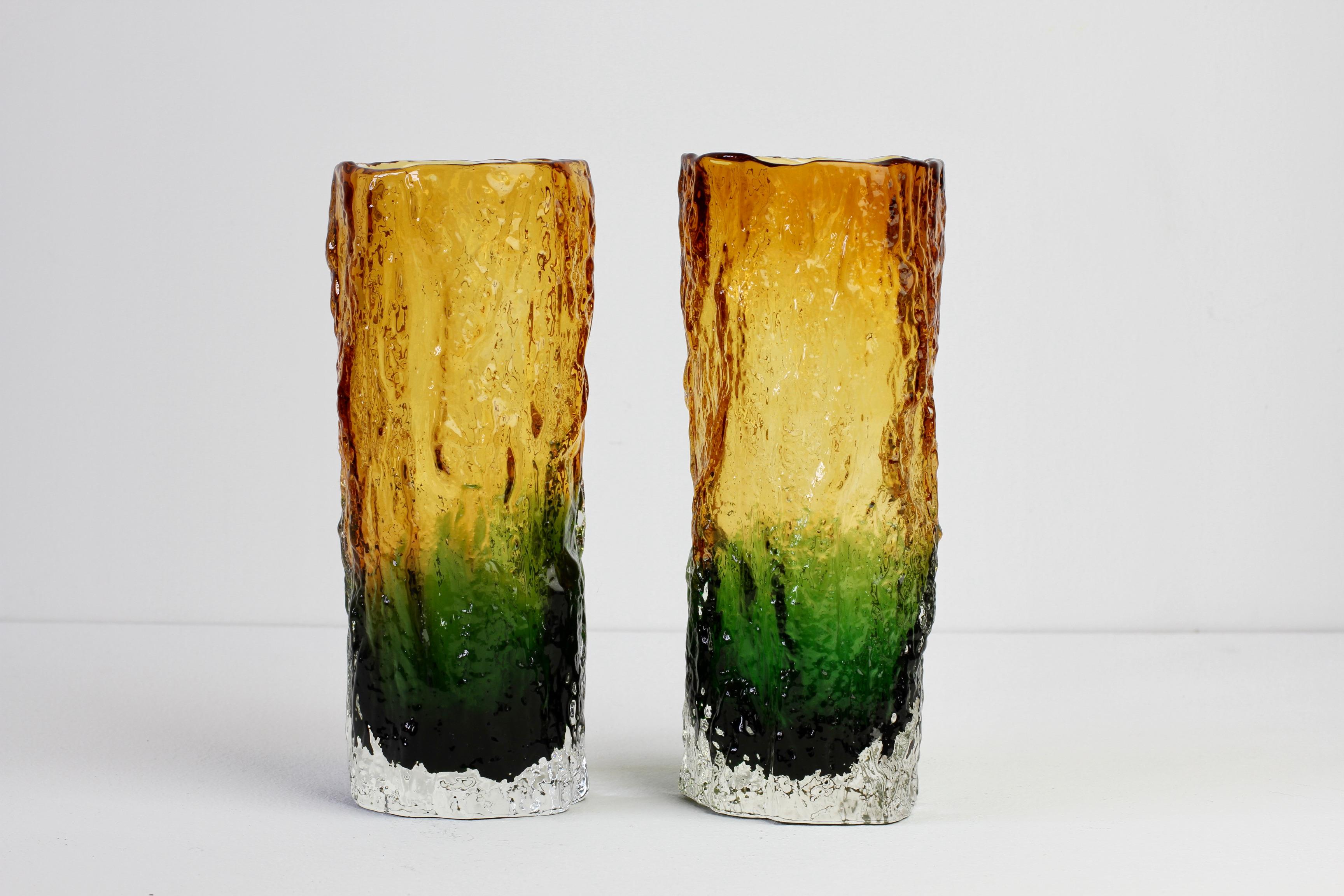 Molded Whitefriars Style Pair of Vintage 1970s Green & Yellow Bark Textured Glass Vases