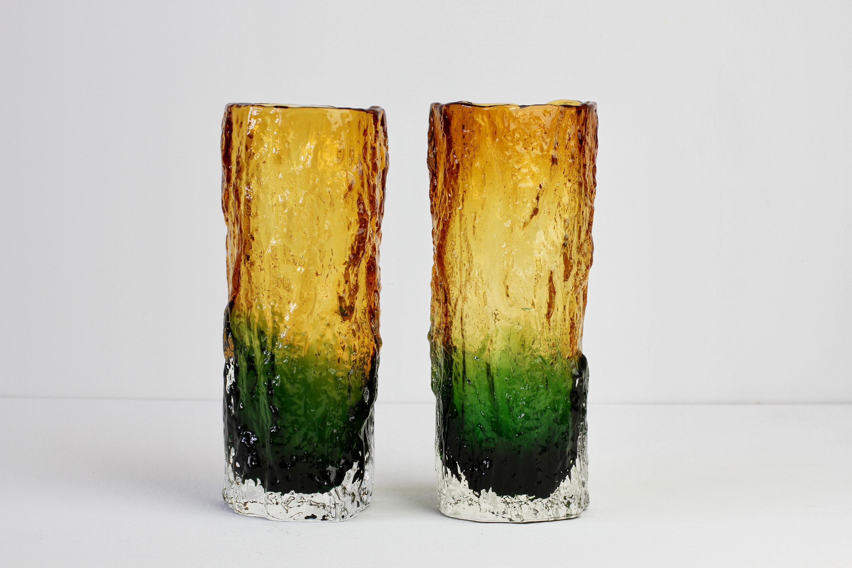 Late 20th Century Whitefriars Style Pair of Vintage 1970s Green & Yellow Bark Textured Glass Vases
