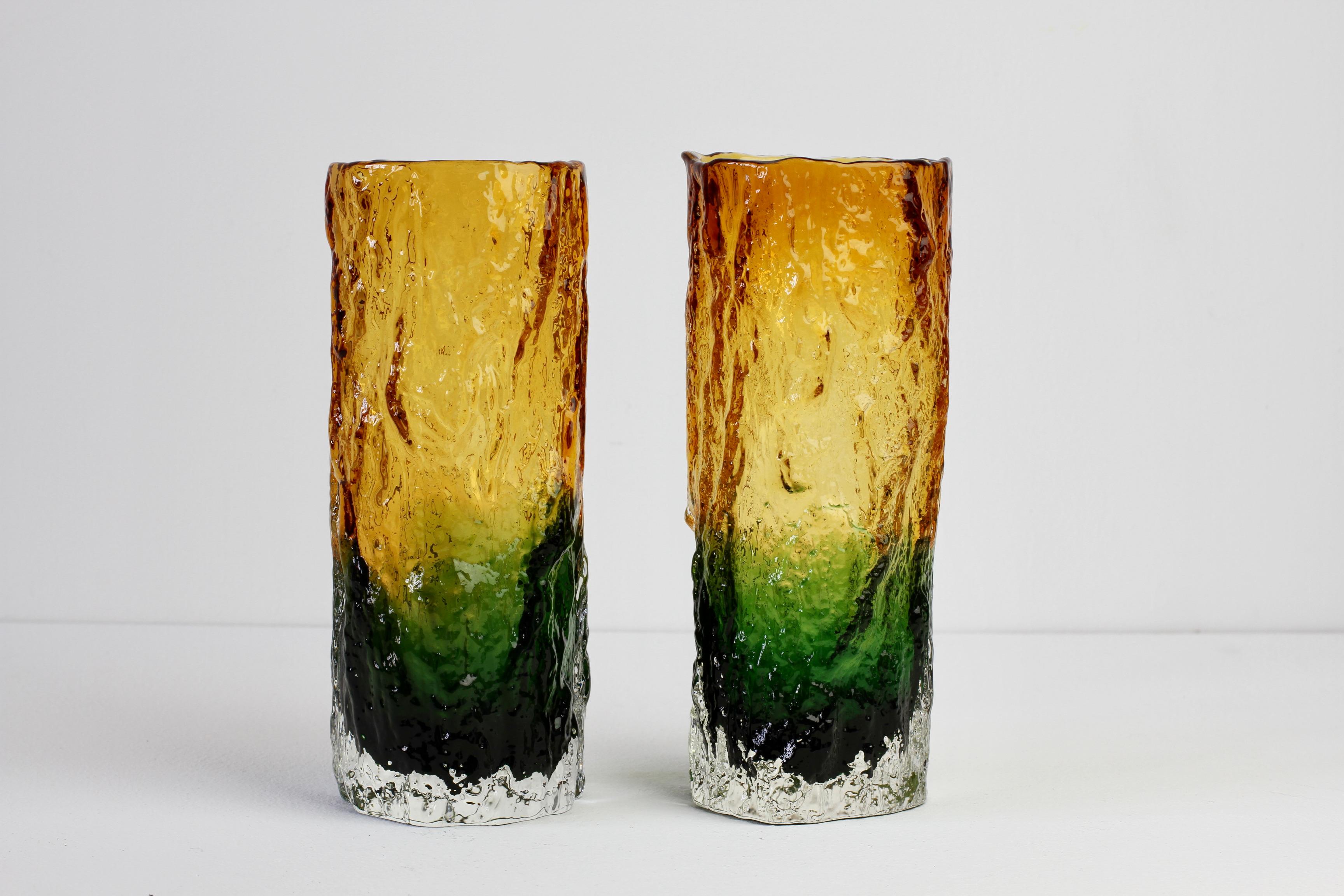 Whitefriars Style Pair of Vintage 1970s Green & Yellow Bark Textured Glass Vases 1