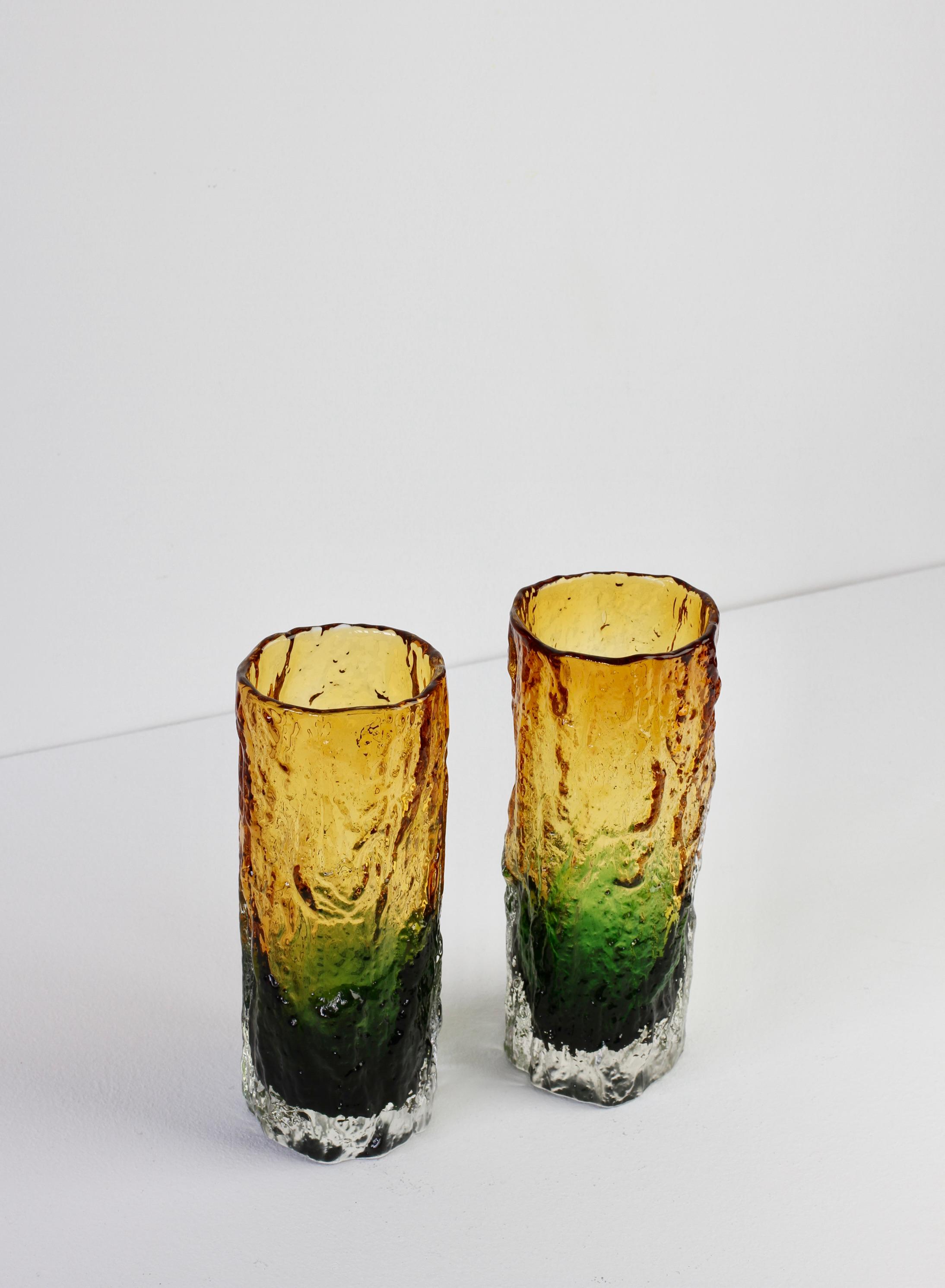 Whitefriars Style Pair of Vintage 1970s Green & Yellow Bark Textured Glass Vases 2