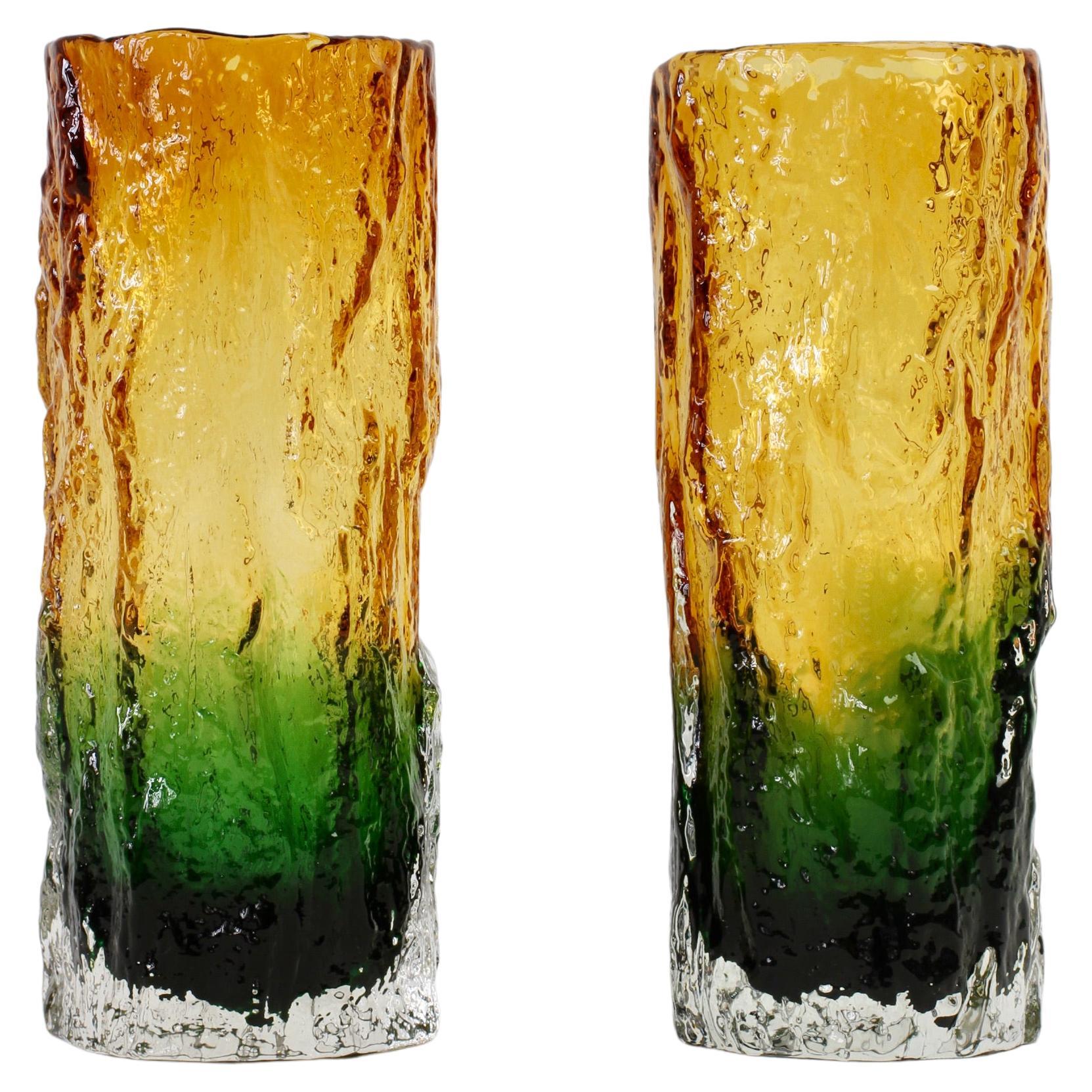 Whitefriars Style Pair of Vintage 1970s Green & Yellow Bark Textured Glass Vases