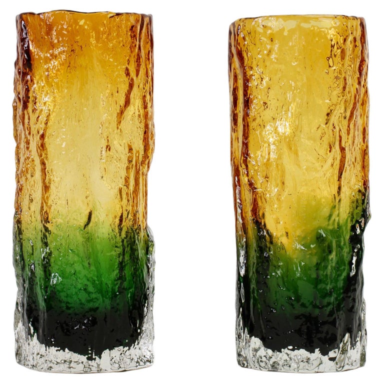 Whitefriars Style Pair of Vintage 1970s Green and Yellow Bark Textured