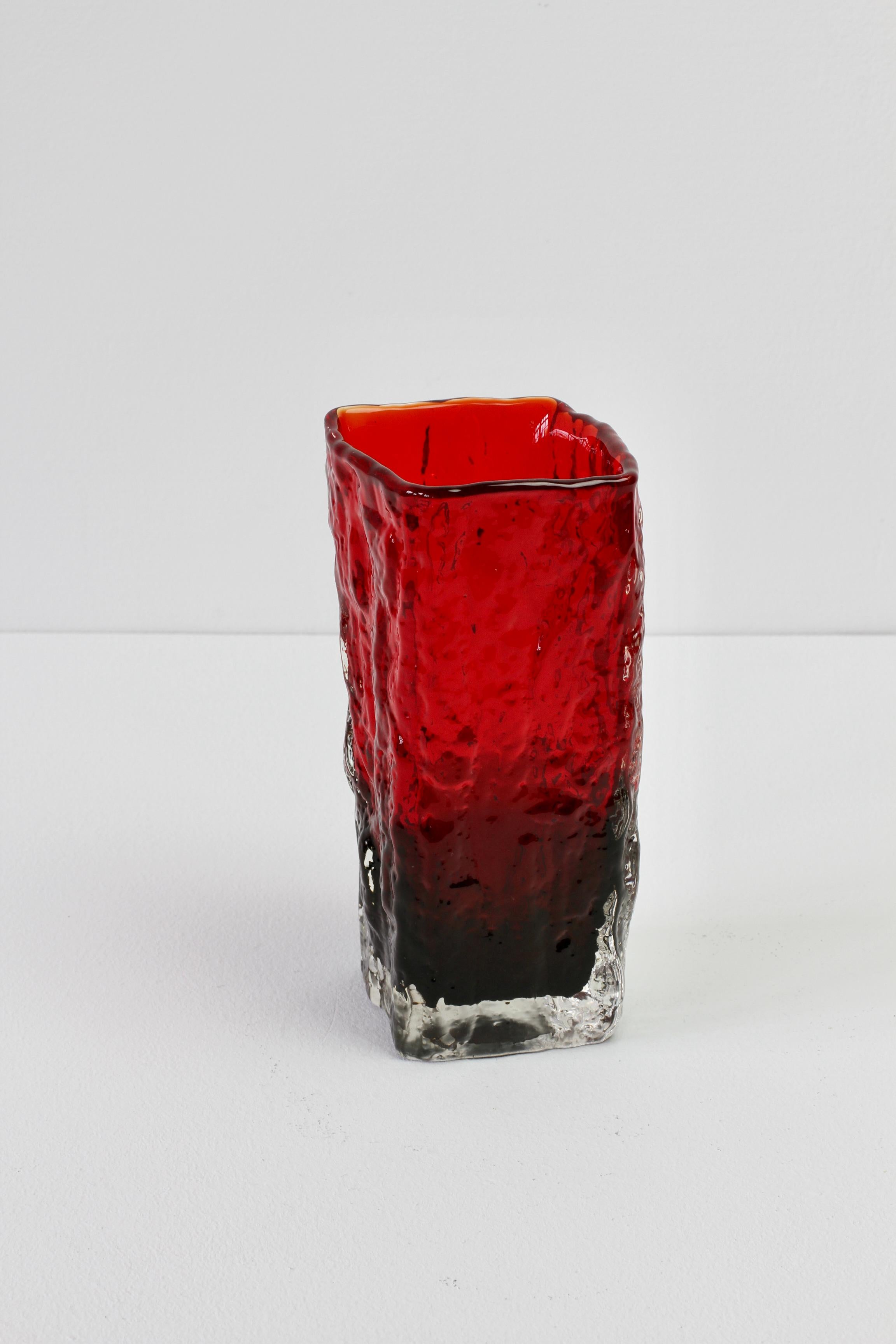 Whitefriars Style Vintage 1970s Vibrant Ruby Red Tree Bark Textured Glass Vase For Sale 4