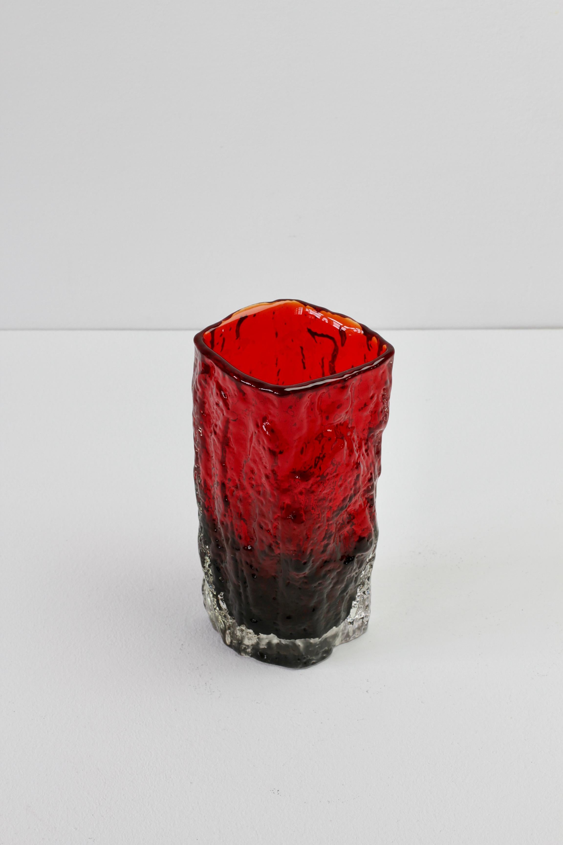 Whitefriars Style Vintage 1970s Vibrant Ruby Red Tree Bark Textured Glass Vase For Sale 5