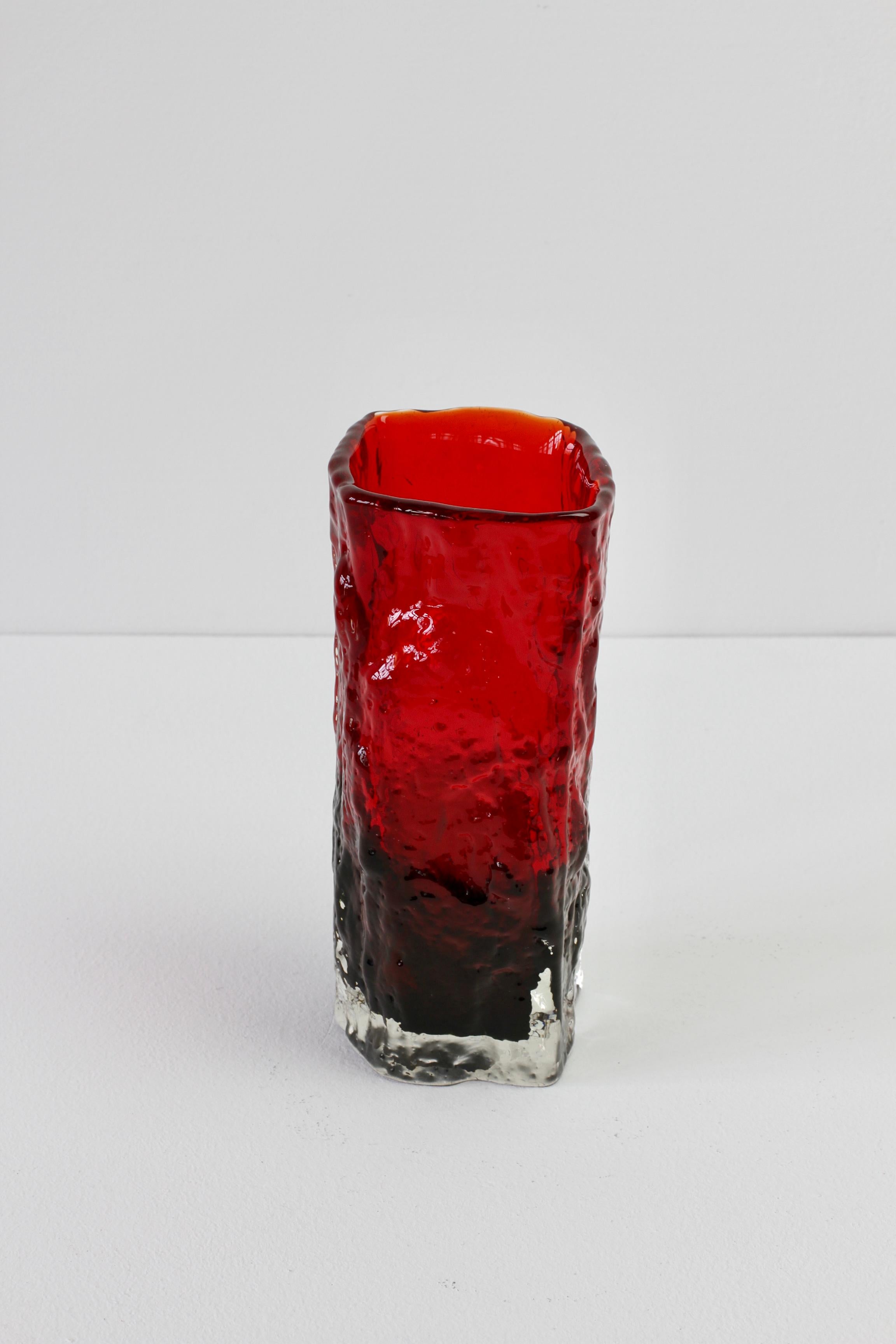Whitefriars Style Vintage 1970s Vibrant Ruby Red Tree Bark Textured Glass Vase For Sale 6