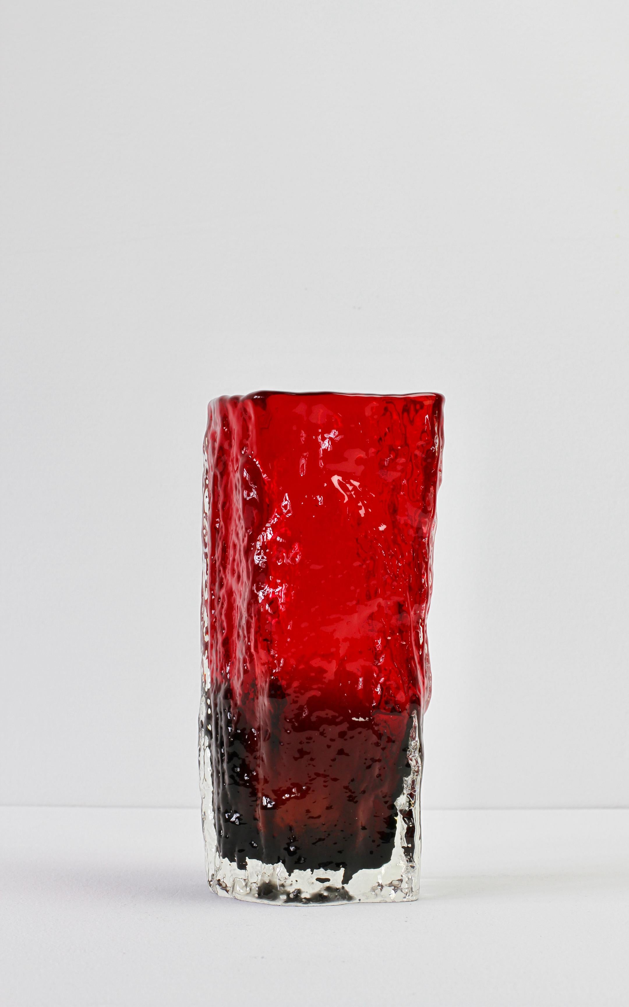 Whitefriars Style Vintage 1970s Vibrant Ruby Red Tree Bark Textured Glass Vase For Sale 7