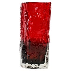 Whitefriars Style Vintage 1970s Vibrant Ruby Red Tree Bark Textured Glass Vase