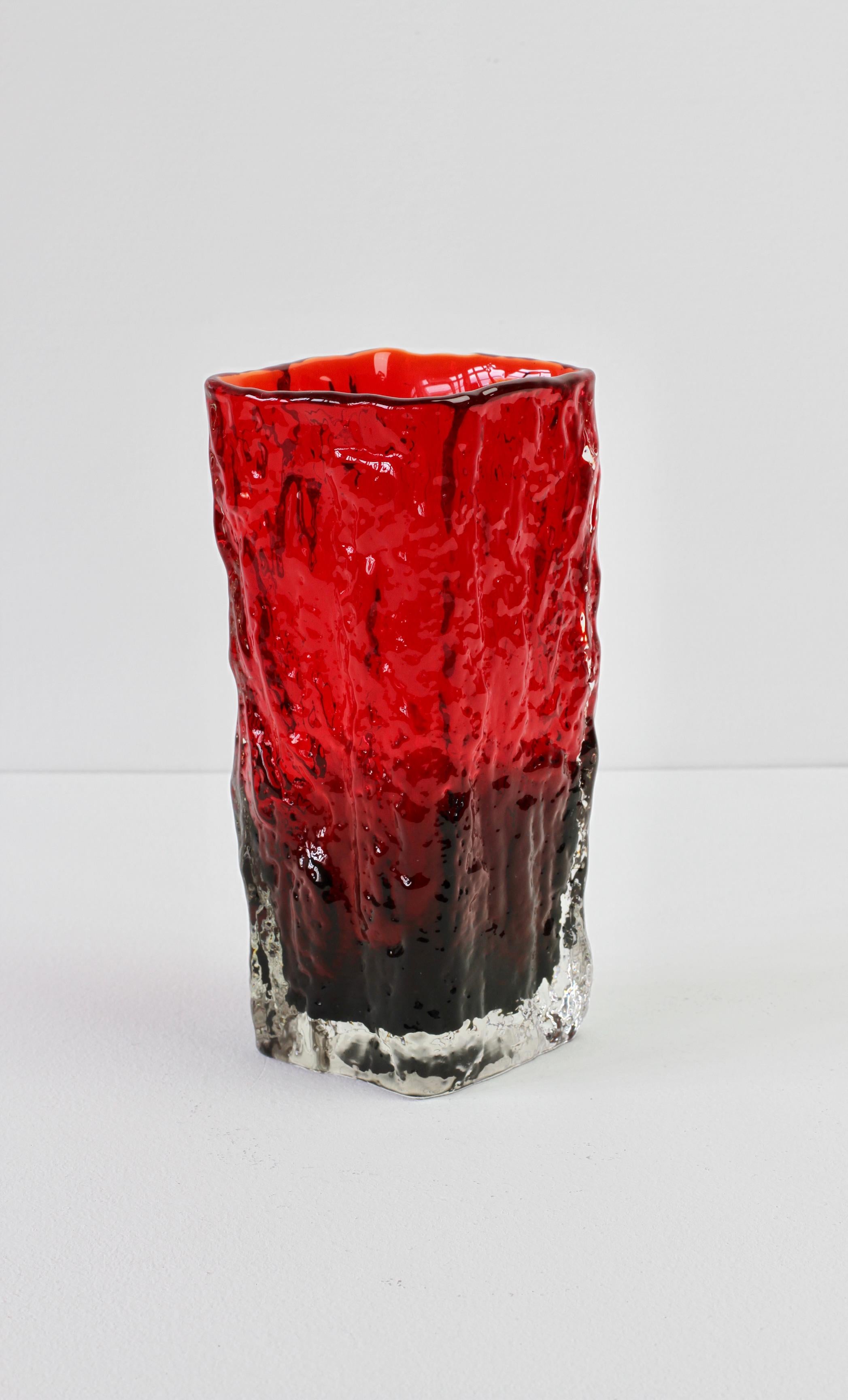 Mid-Century Modern Whitefriars Style Vintage 1970s Vibrant Ruby Red Tree Bark Textured Glass Vase For Sale