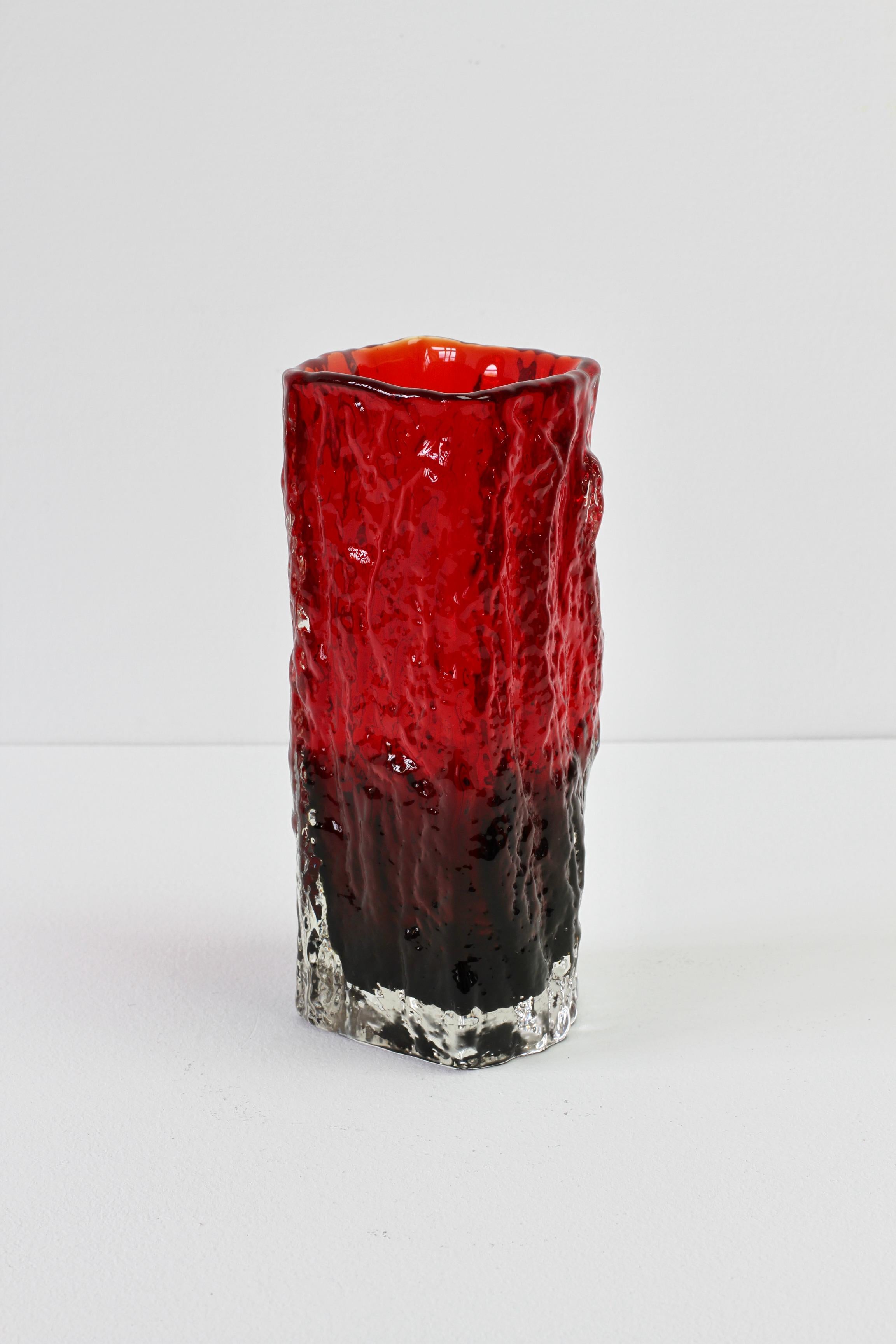 Molded Whitefriars Style Vintage 1970s Vibrant Ruby Red Tree Bark Textured Glass Vase For Sale