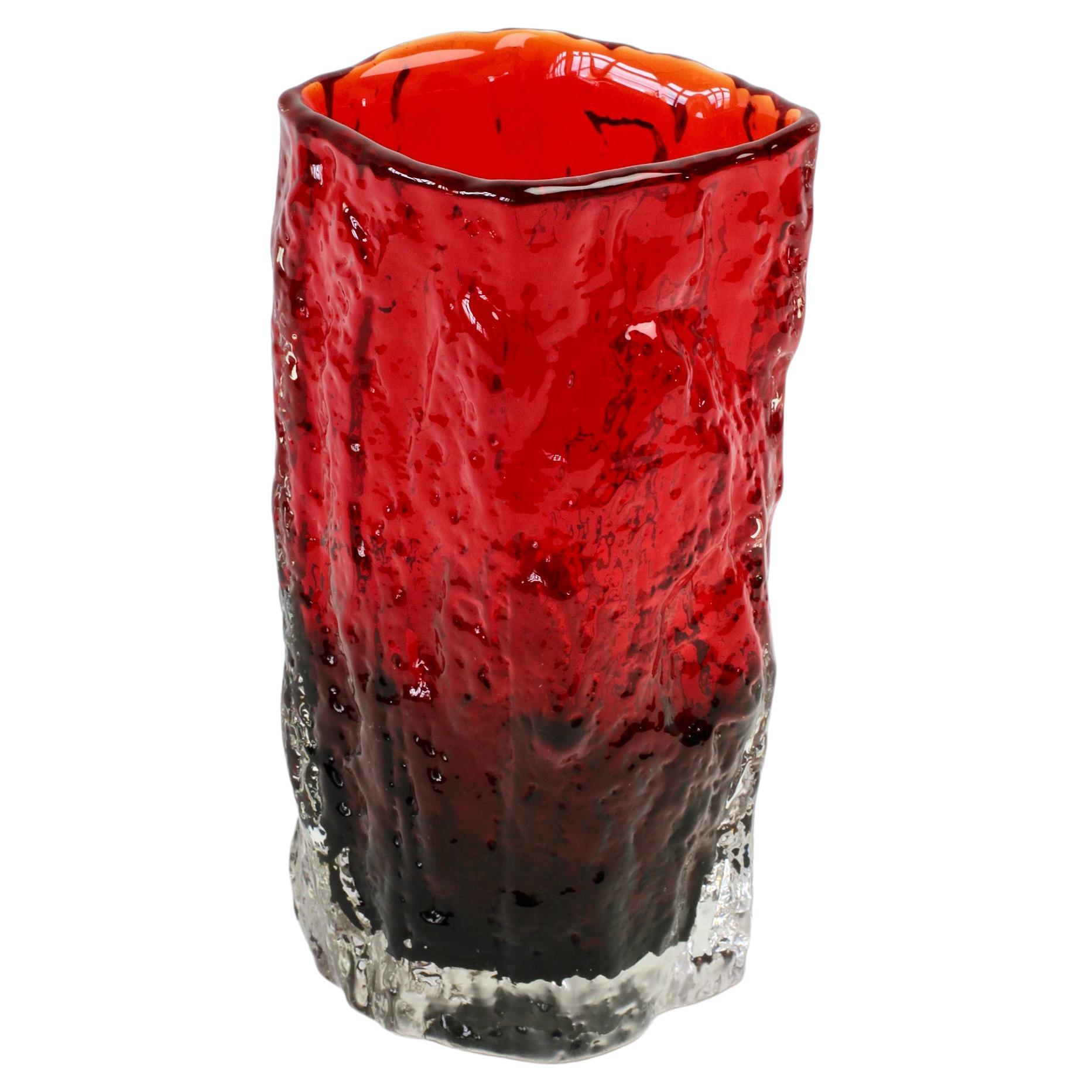 Whitefriars Style Vintage 1970s Vibrant Ruby Red Tree Bark Textured Glass Vase