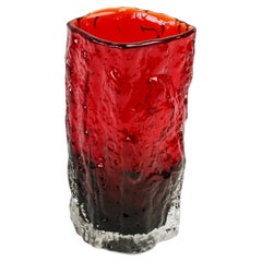 Whitefriars Style Retro 1970s Vibrant Ruby Red Tree Bark Textured Glass Vase