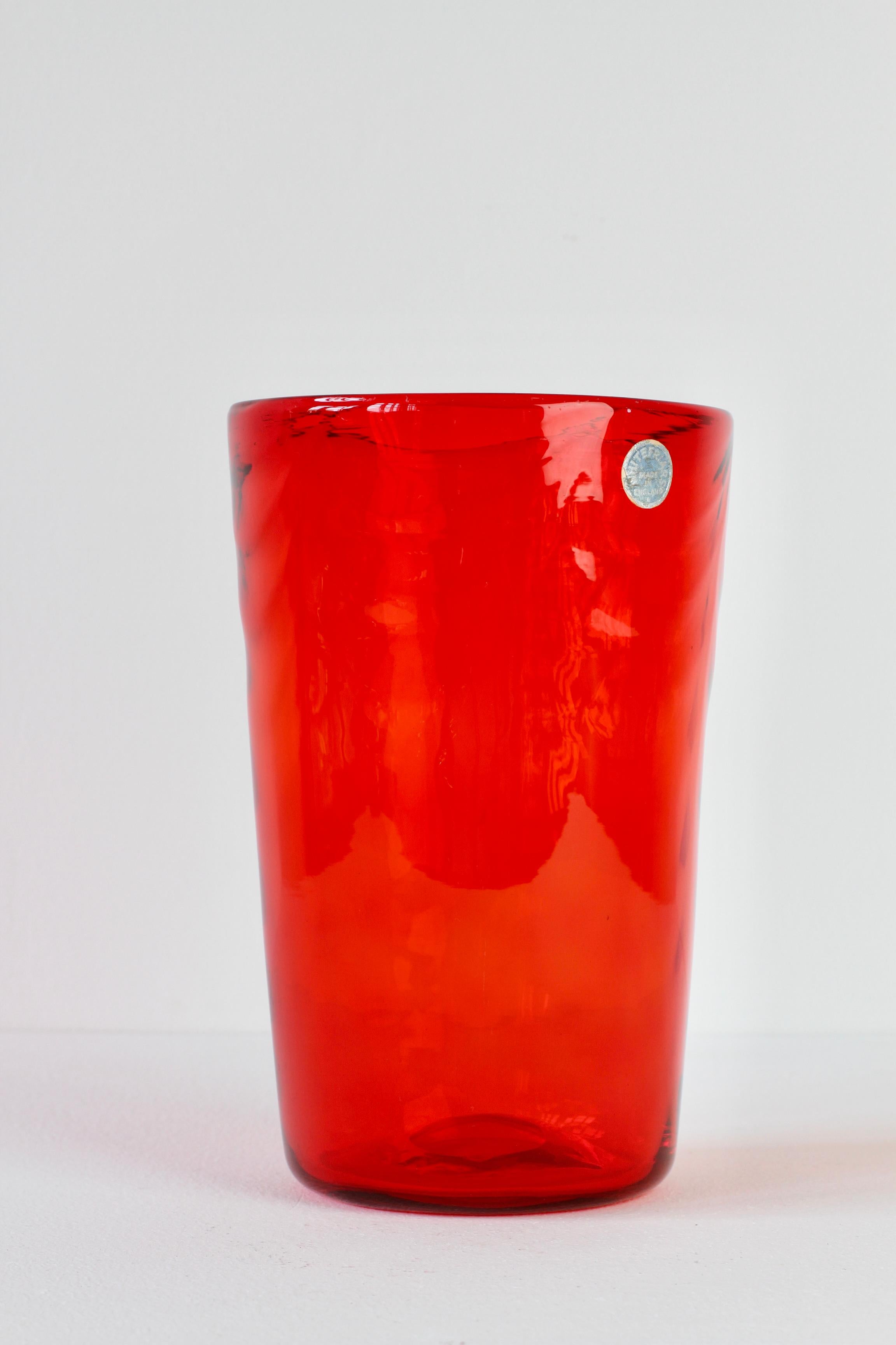 Molded Whitefriars Vintage Vibrant Red Glass Vase by Barnaby Marriott Powel, C. 1940 For Sale