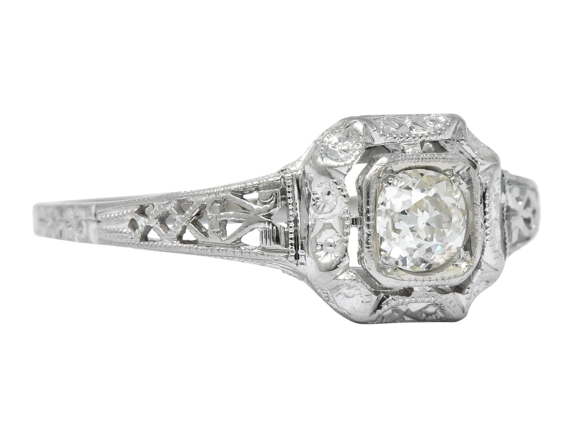 Round Cut Whiterose Edwardian 0.23 Carat Diamond 18 Karat White Gold Engagement Ring