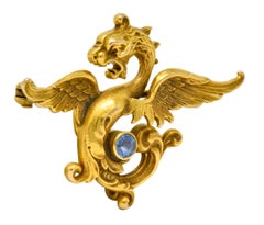 Whiteside and Blank Art Nouveau 14 Karat Gold Sapphire Dragon Watch Pin Brooch