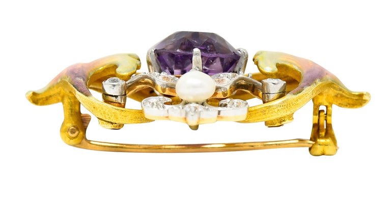 Whiteside & Blank Amethyst Pearl Diamond Enamel Platinum Gold Pendant Brooch For Sale 4
