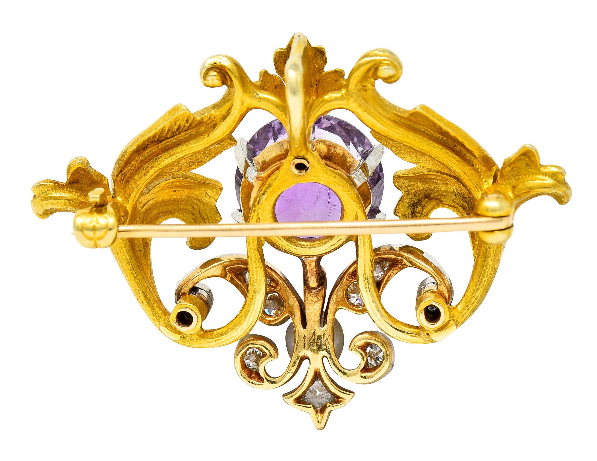 Edwardian Whiteside & Blank Amethyst Pearl Diamond Enamel Platinum Gold Pendant Brooch