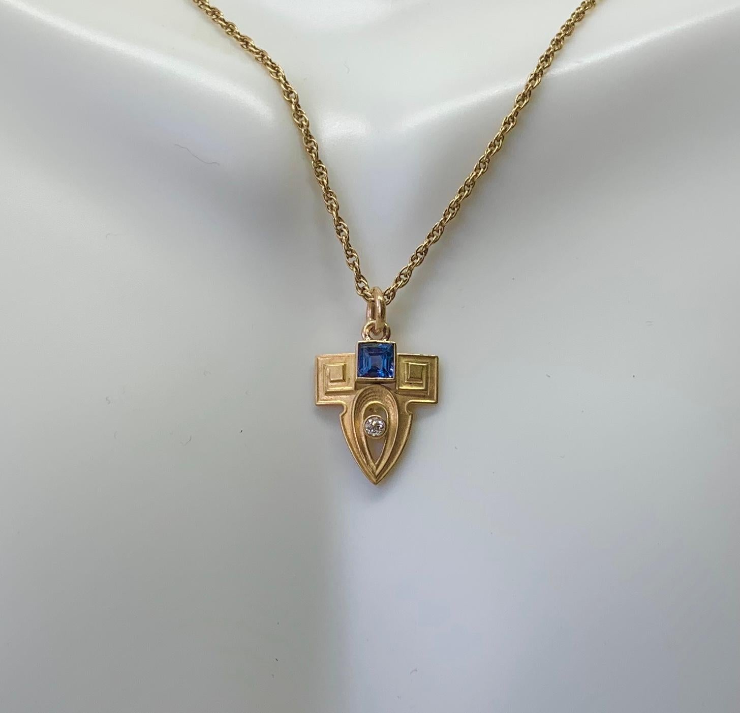 Square Cut Whiteside & Blank Art Deco Diamond Sapphire Pendant Lavaliere 14K Gold Necklace For Sale