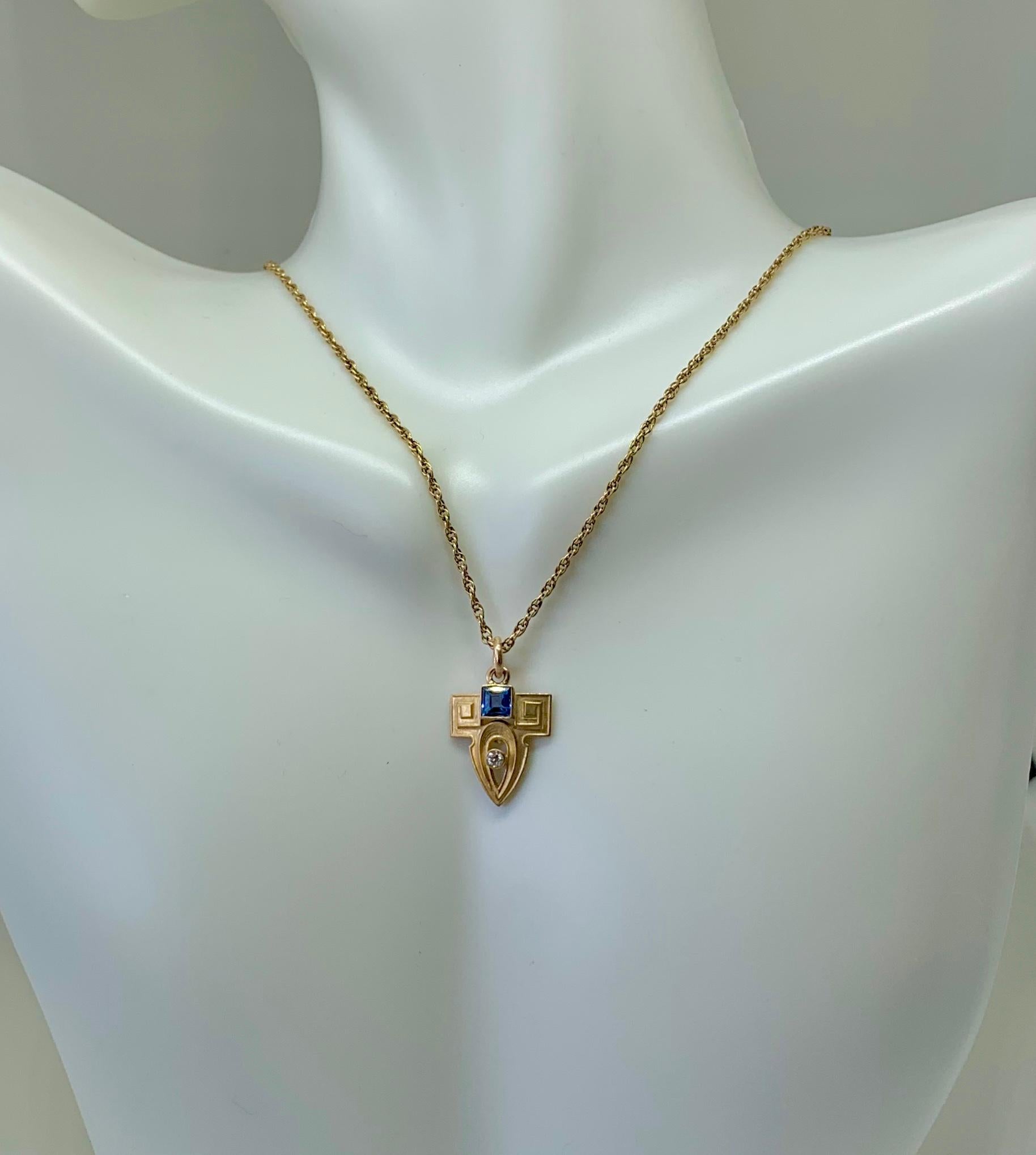 Whiteside & Blank Art Deco Diamond Sapphire Pendant Lavaliere 14K Gold Necklace In Excellent Condition For Sale In New York, NY
