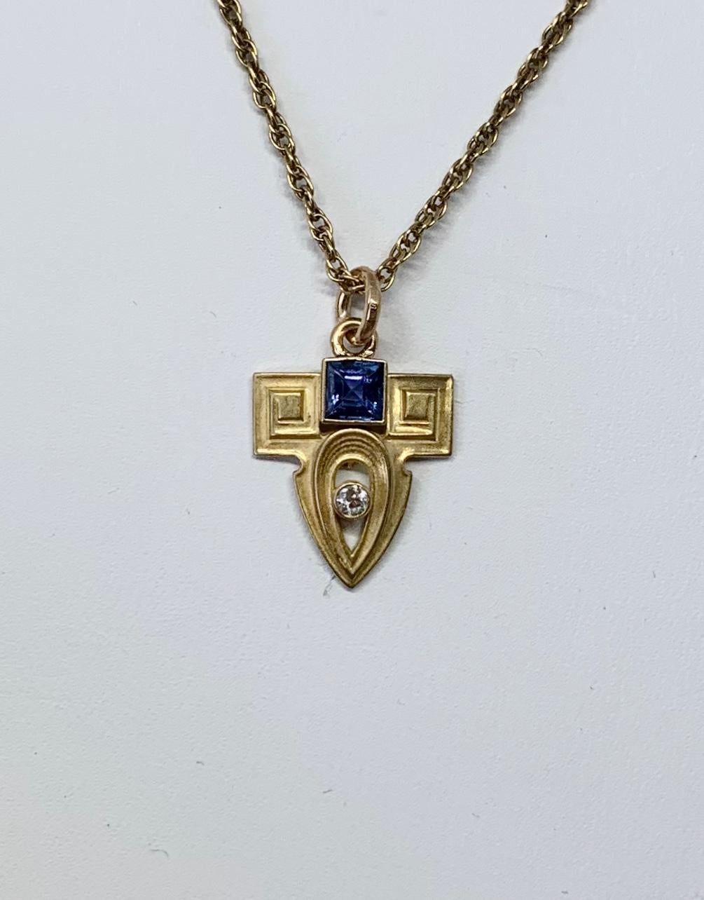 Women's Whiteside & Blank Art Deco Diamond Sapphire Pendant Lavaliere 14K Gold Necklace For Sale