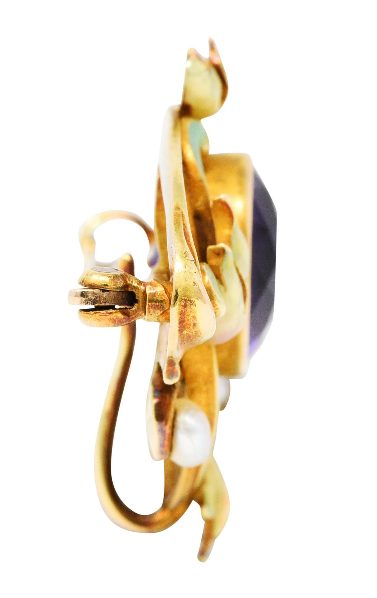 Round Cut Whiteside & Blank Art Nouveau Amethyst Enamel 14 Karat Gold Brooch