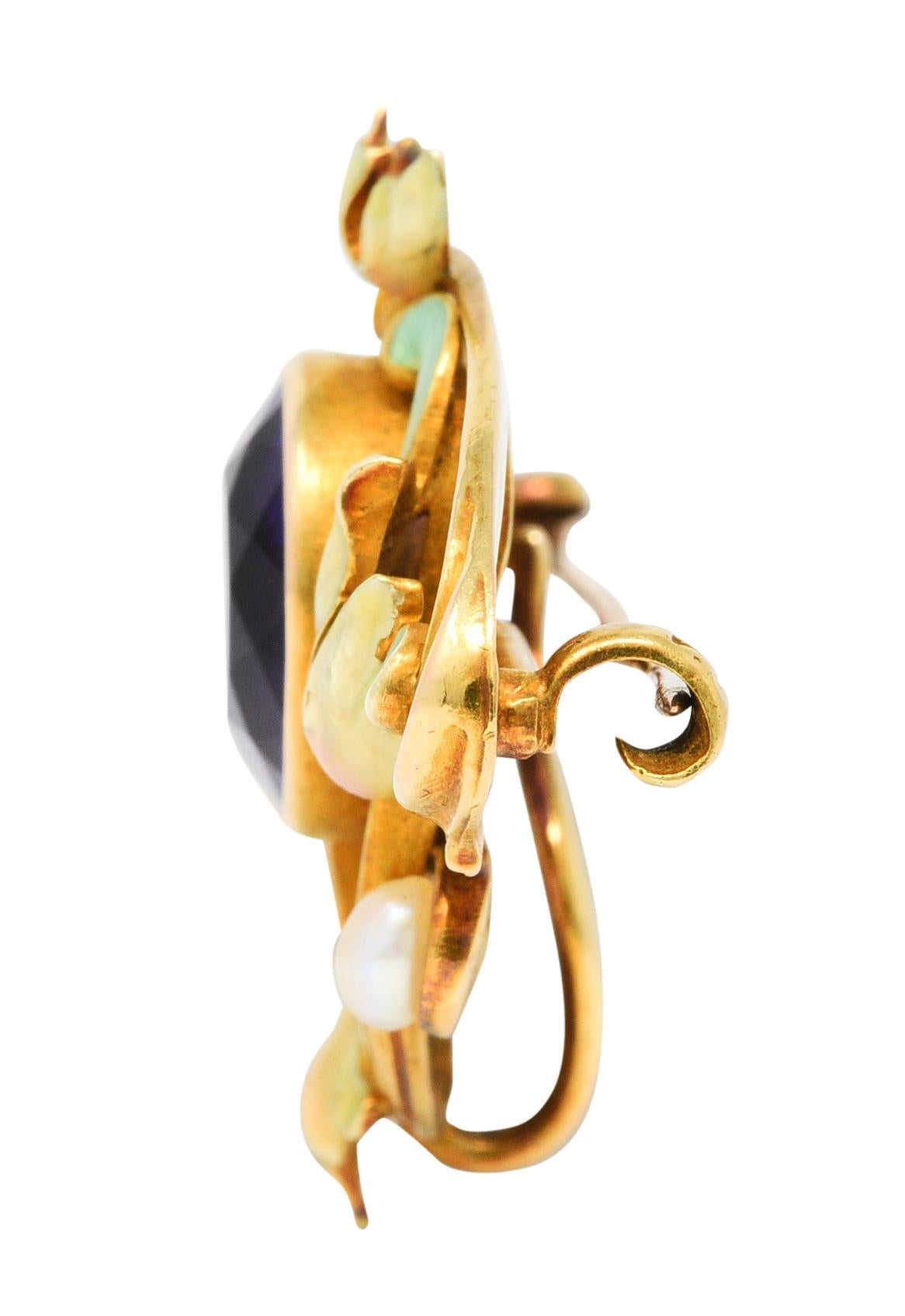 Women's or Men's Whiteside & Blank Art Nouveau Amethyst Enamel 14 Karat Gold Brooch