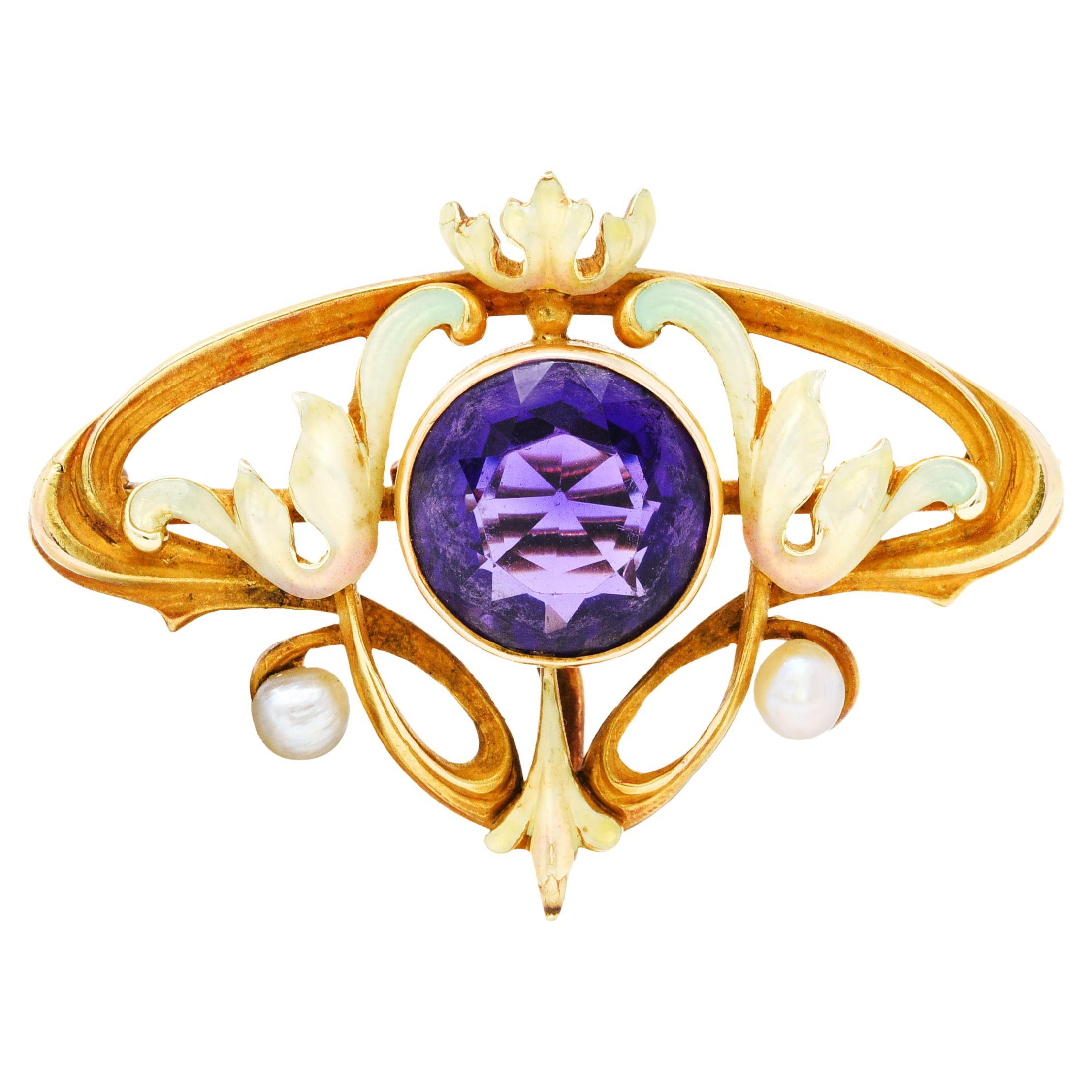 Whiteside & Blank Art Nouveau Amethyst Enamel 14 Karat Gold Brooch