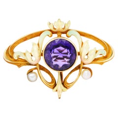 Whiteside & Blank Art Nouveau Amethyst Enamel 14 Karat Gold Brooch