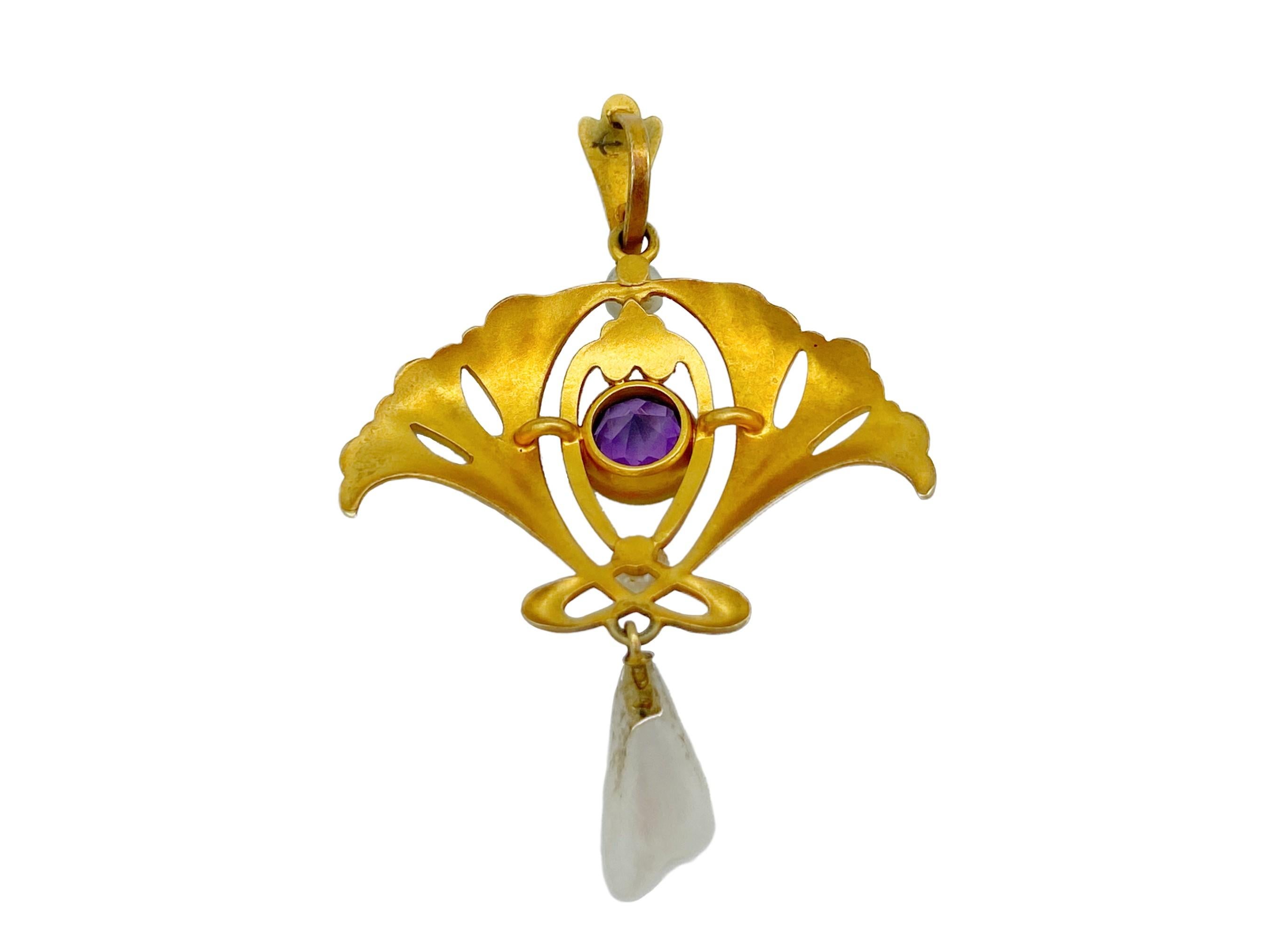 Whiteside & Blank Art Nouveau Enamel 14k Amethyst Pearl Gingko Antique Pendant In Good Condition In North Attleboro, MA