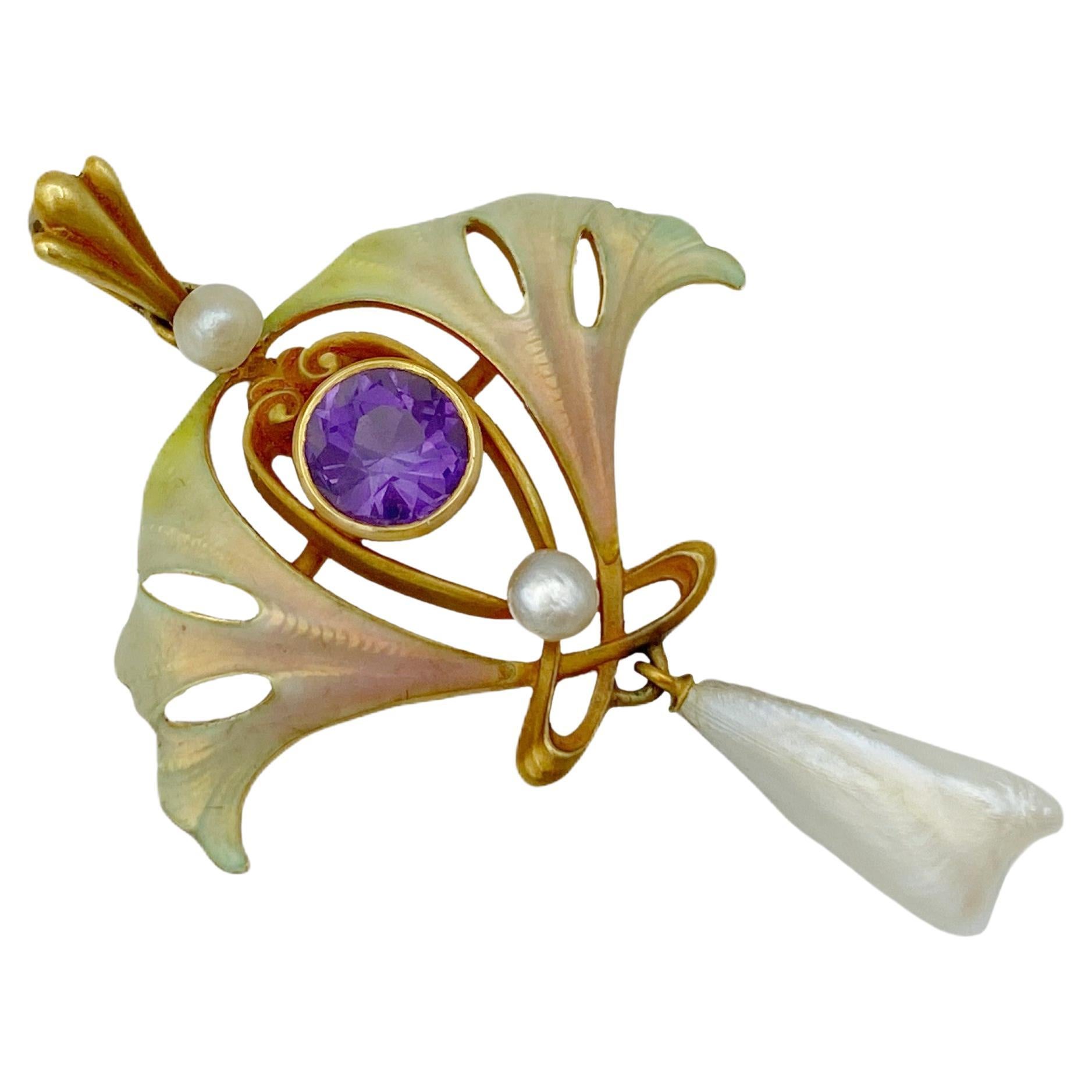 Whiteside & Blank Art Nouveau Enamel 14k Amethyst Pearl Gingko Antique Pendant