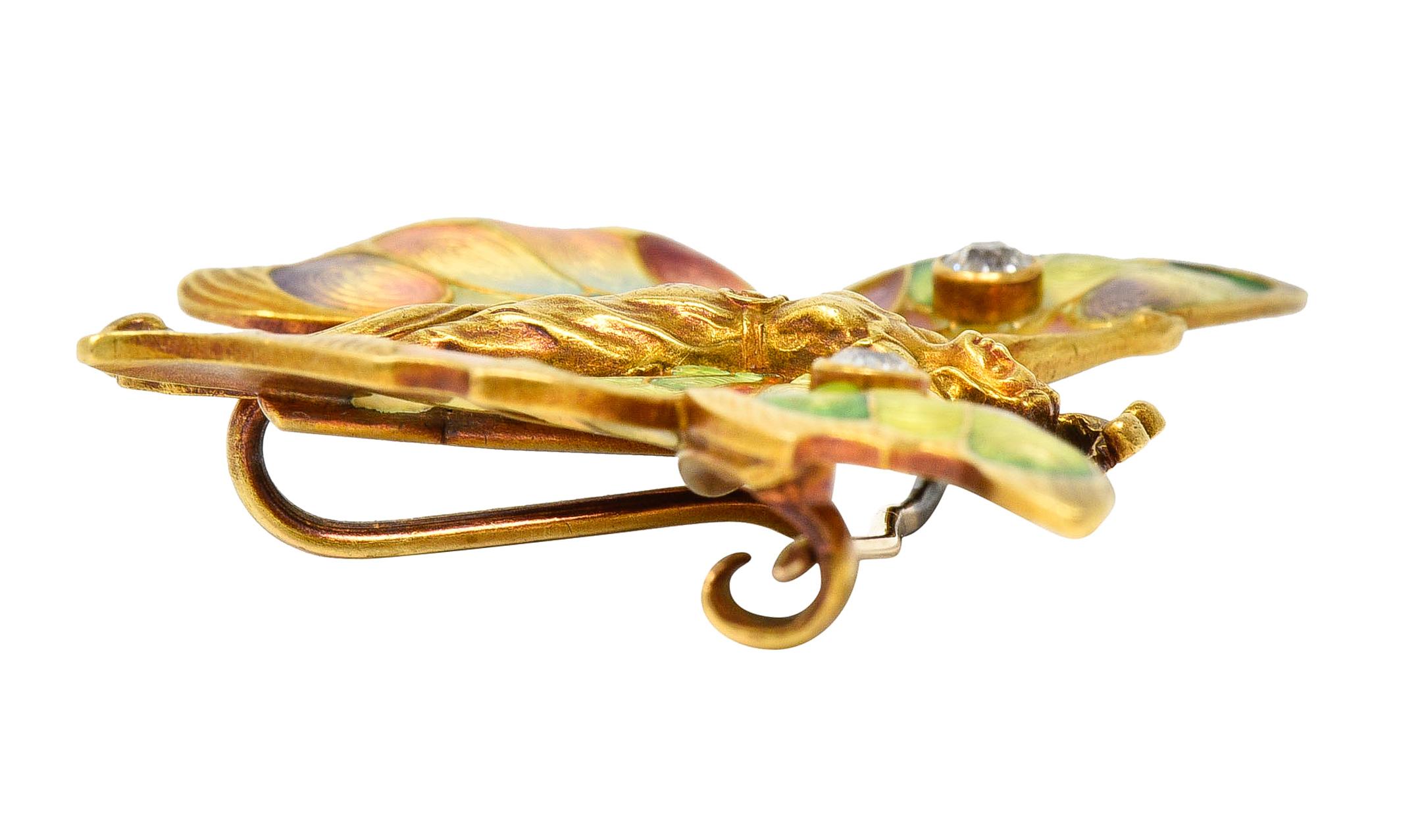 Whiteside & Blank Art Nouveau Enamel Diamond 18 Karat Yellow Gold Fairy Brooch 3