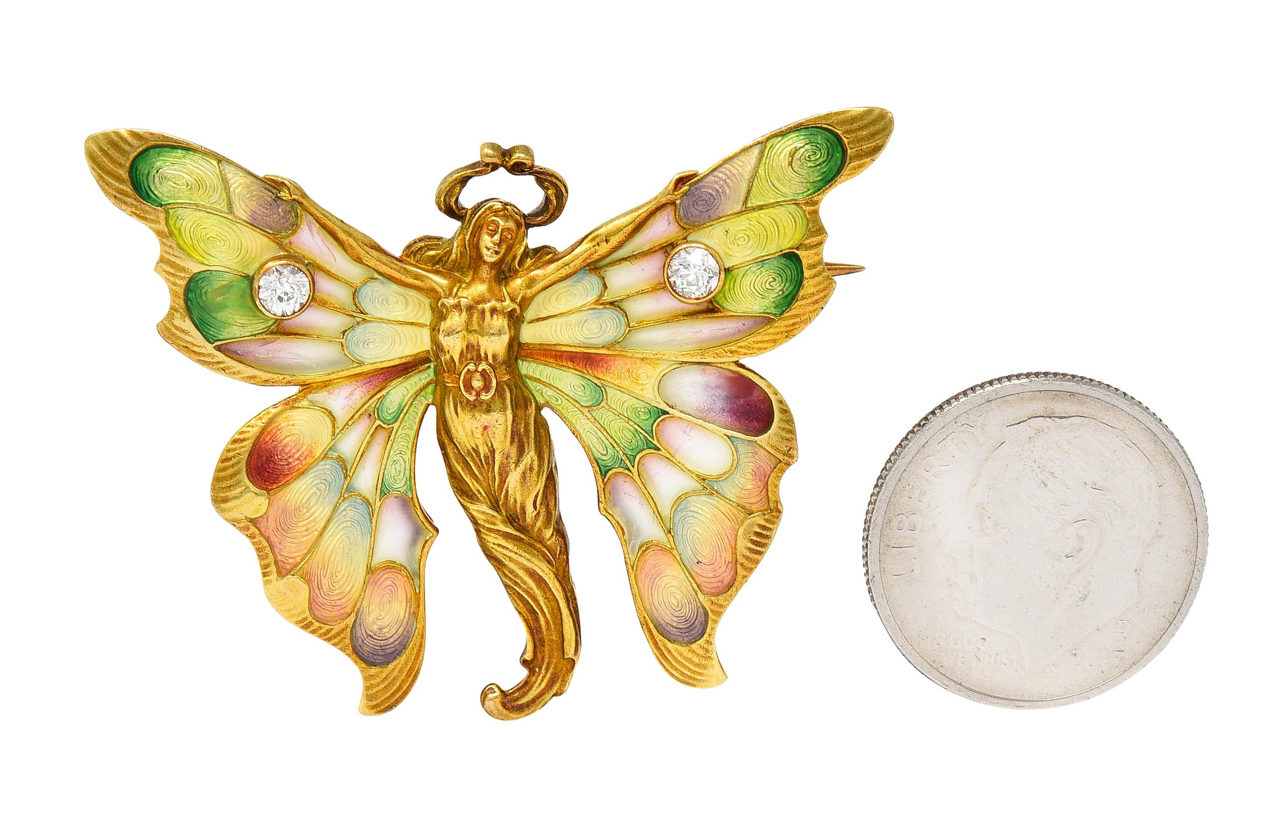 Whiteside & Blank Art Nouveau Enamel Diamond 18 Karat Yellow Gold Fairy Brooch For Sale 4