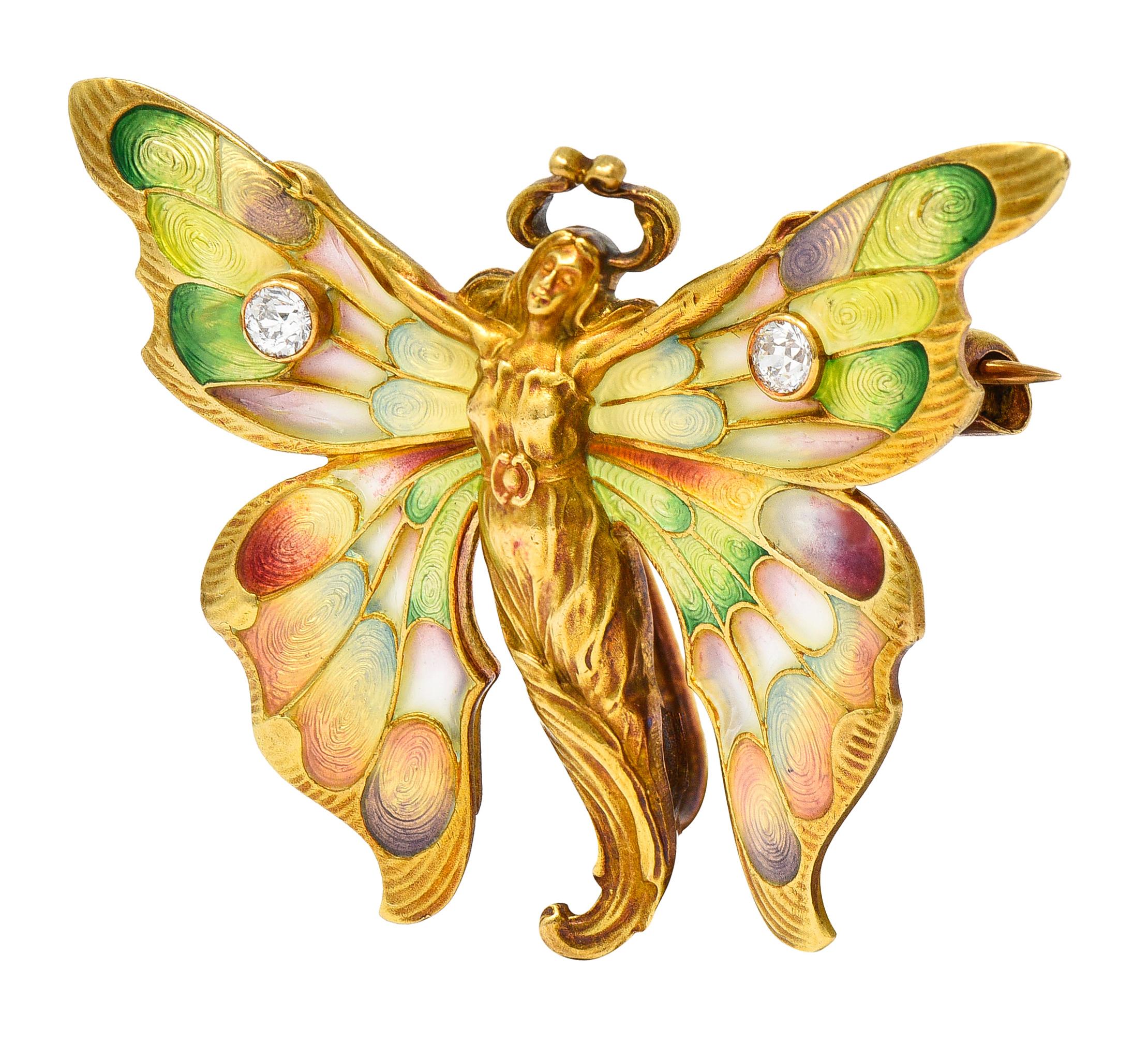 Die Brosche ist als geflügelte Feennymphe gestaltet - ihre Figur ist stark in Gold ausgearbeitet. Mit ausgebreiteten Flügeln aus glänzendem, transluzentem und schillerndem Plique-a-Jour und guillochiertem Email. Kein Verlust von grüner, gelber,