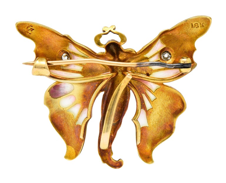 Old European Cut Whiteside & Blank Art Nouveau Enamel Diamond 18 Karat Yellow Gold Fairy Brooch For Sale