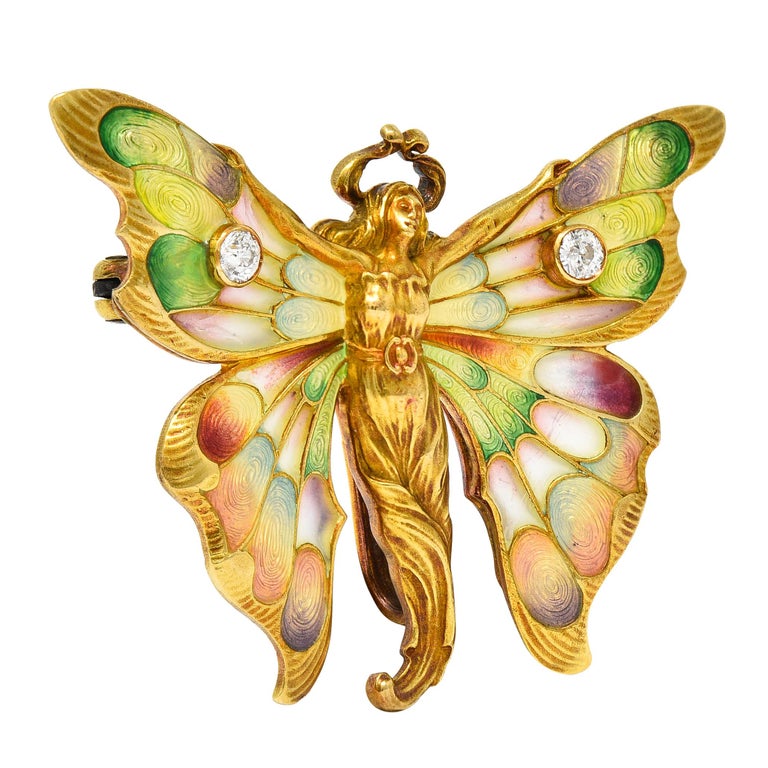 Whiteside & Blank Art Nouveau Enamel Diamond 18 Karat Yellow Gold Fairy Brooch In Excellent Condition For Sale In Philadelphia, PA